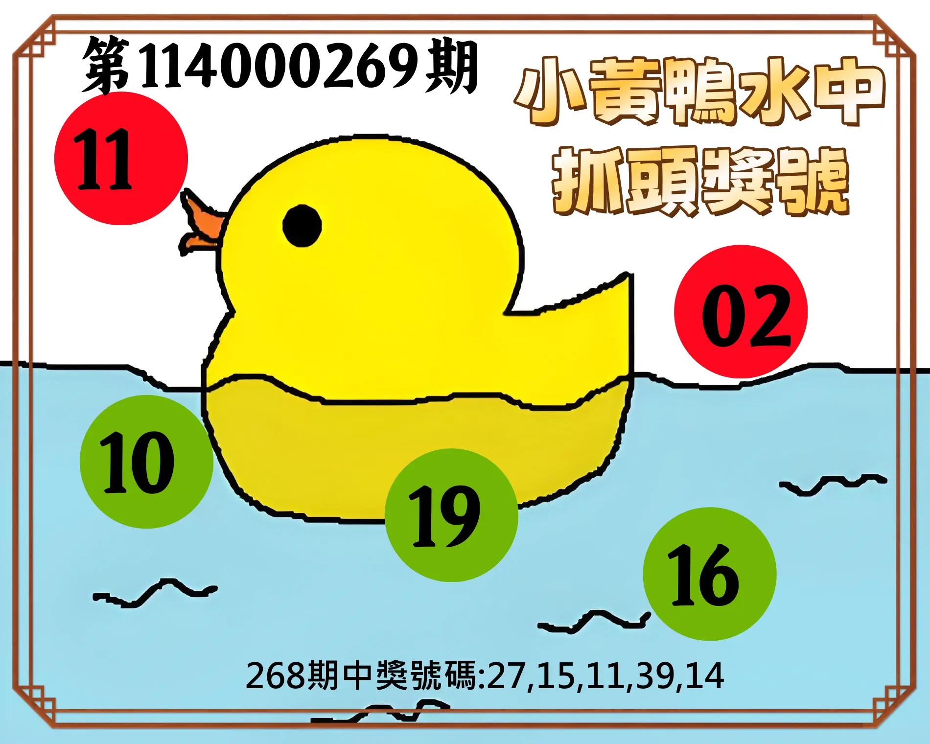 今彩539第114000269期(11/06)小黃鴨水中抓頭獎號