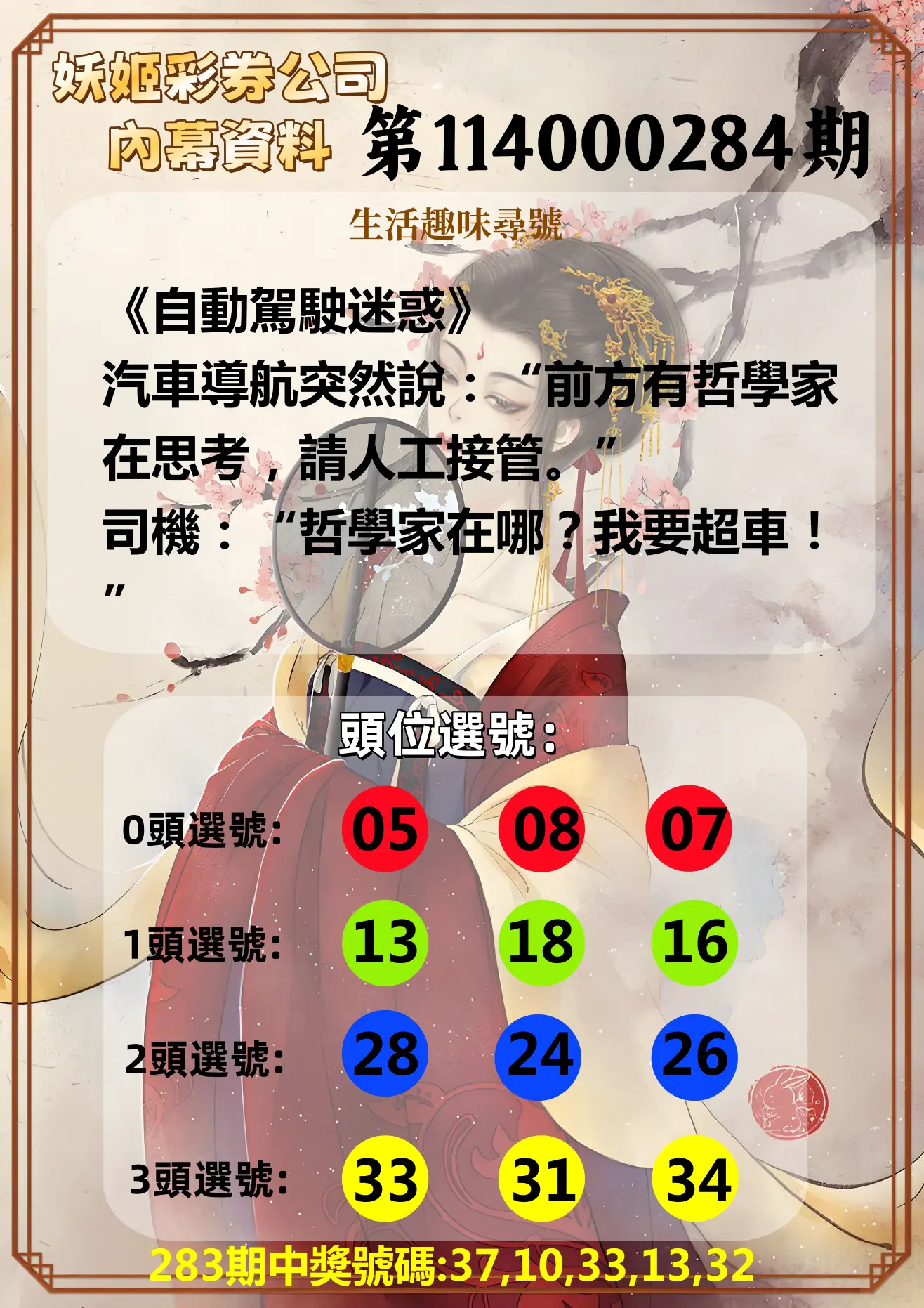 今彩539第114000284期(11/24)妖姬彩券公司內幕資料