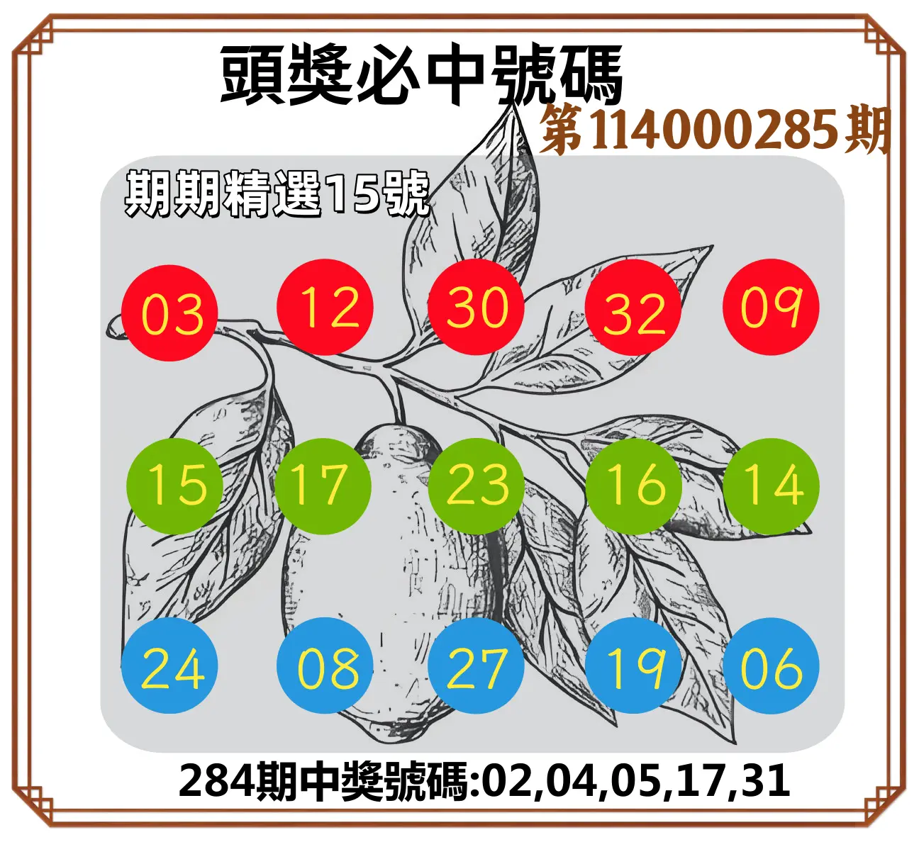今彩539第114000285期(11/25)頭獎號碼