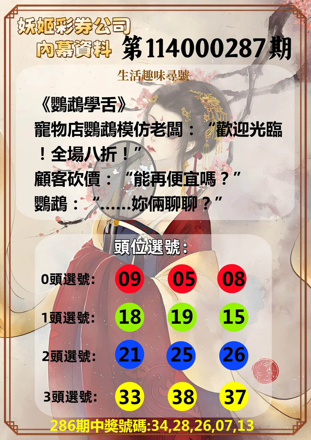 今彩539第114000287期(11/27)妖姬彩券公司內幕資料