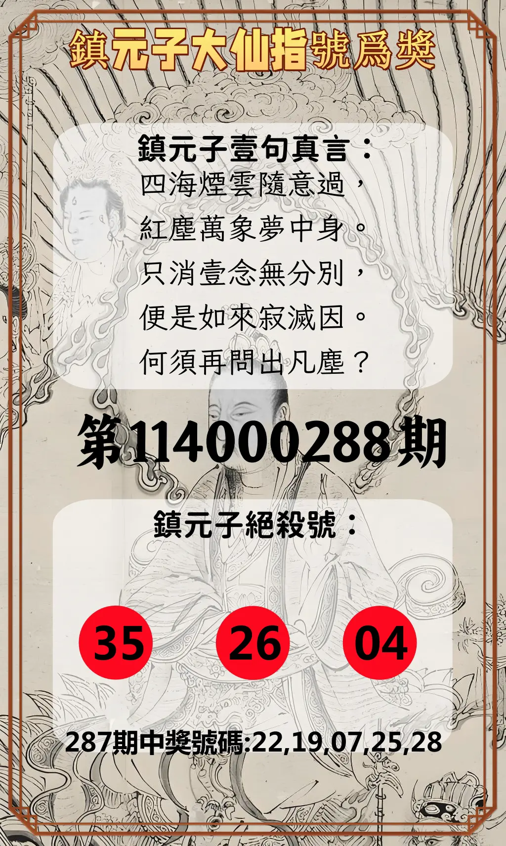 今彩539第114000288期(11/28)鎮元子大仙指號爲獎