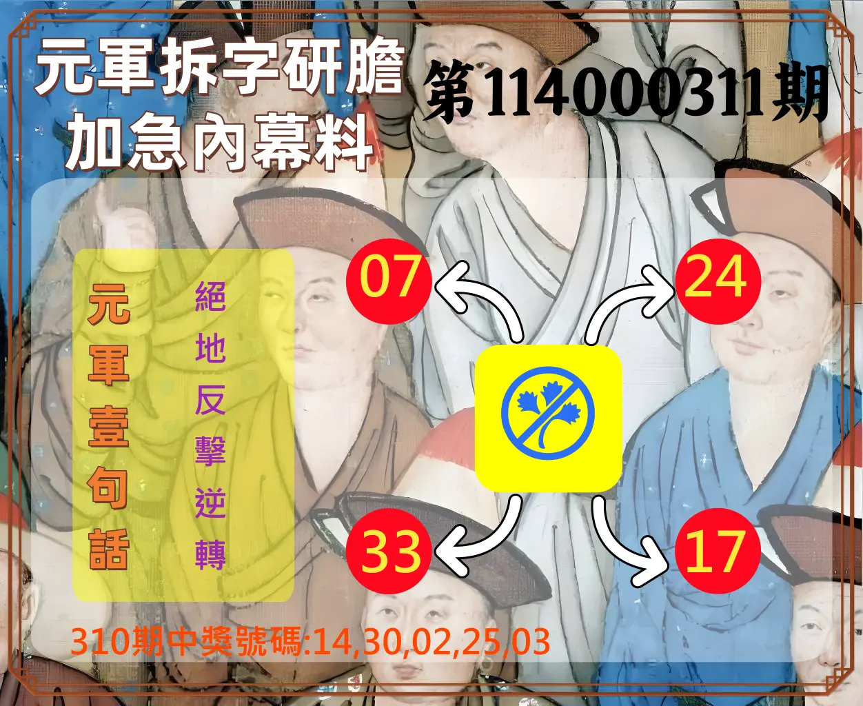 今彩539第114000311期(12/25)元軍拆字研膽加急內幕料