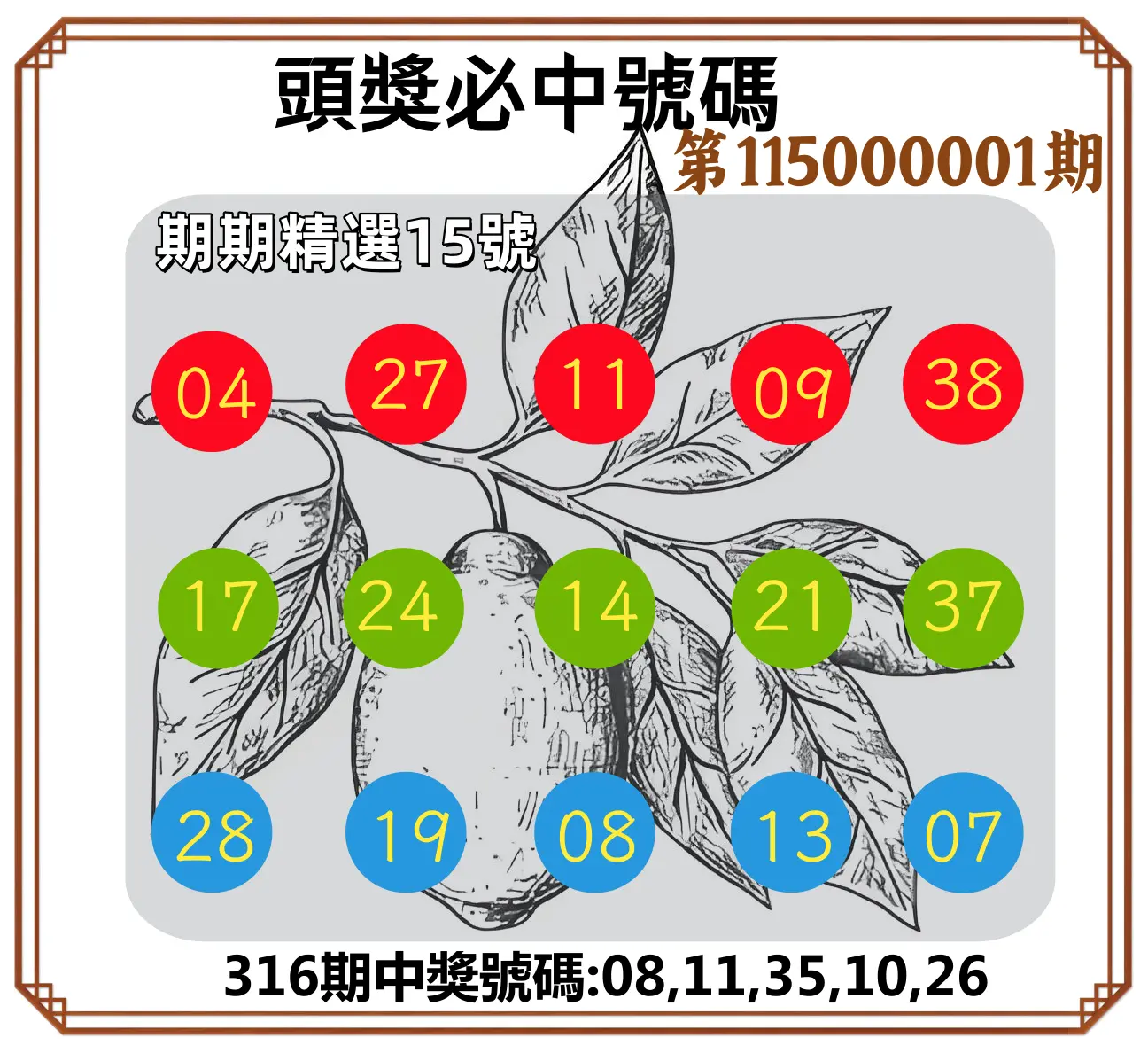 今彩539第115000001期(01/01)頭獎號碼