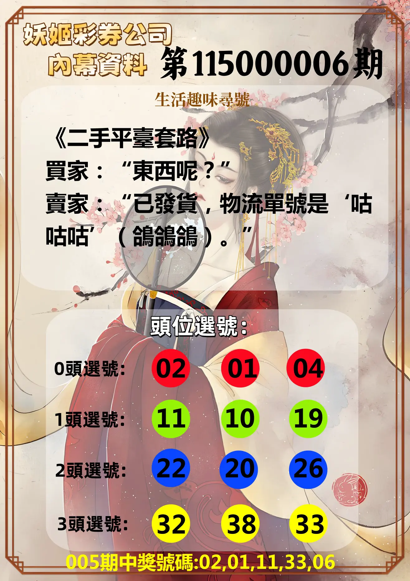 今彩539第115000006期(01/07)妖姬彩券公司內幕資料