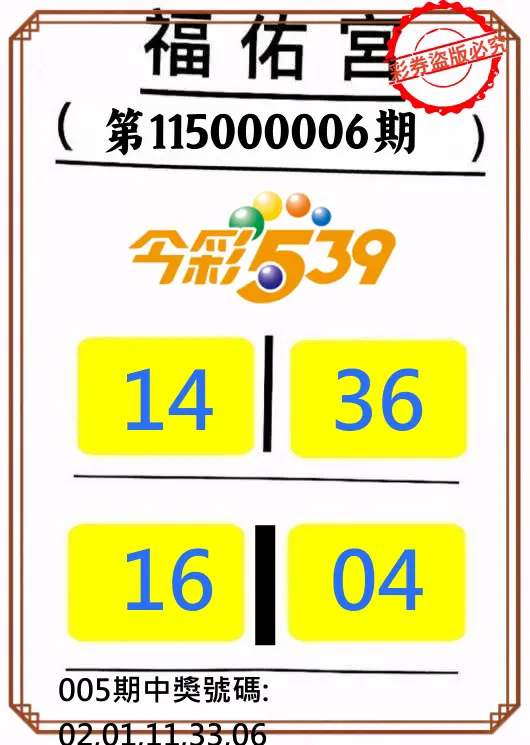 今彩539第115000006期(01/07)正版今彩539福佑宮牌號