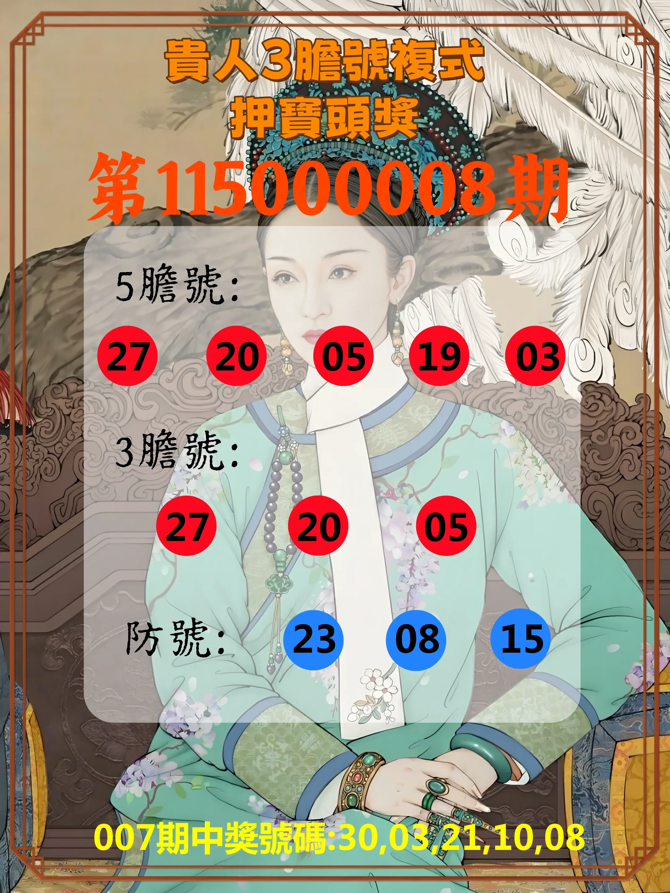 今彩539第115000008期(01/09)貴人3膽號複式押寶頭獎