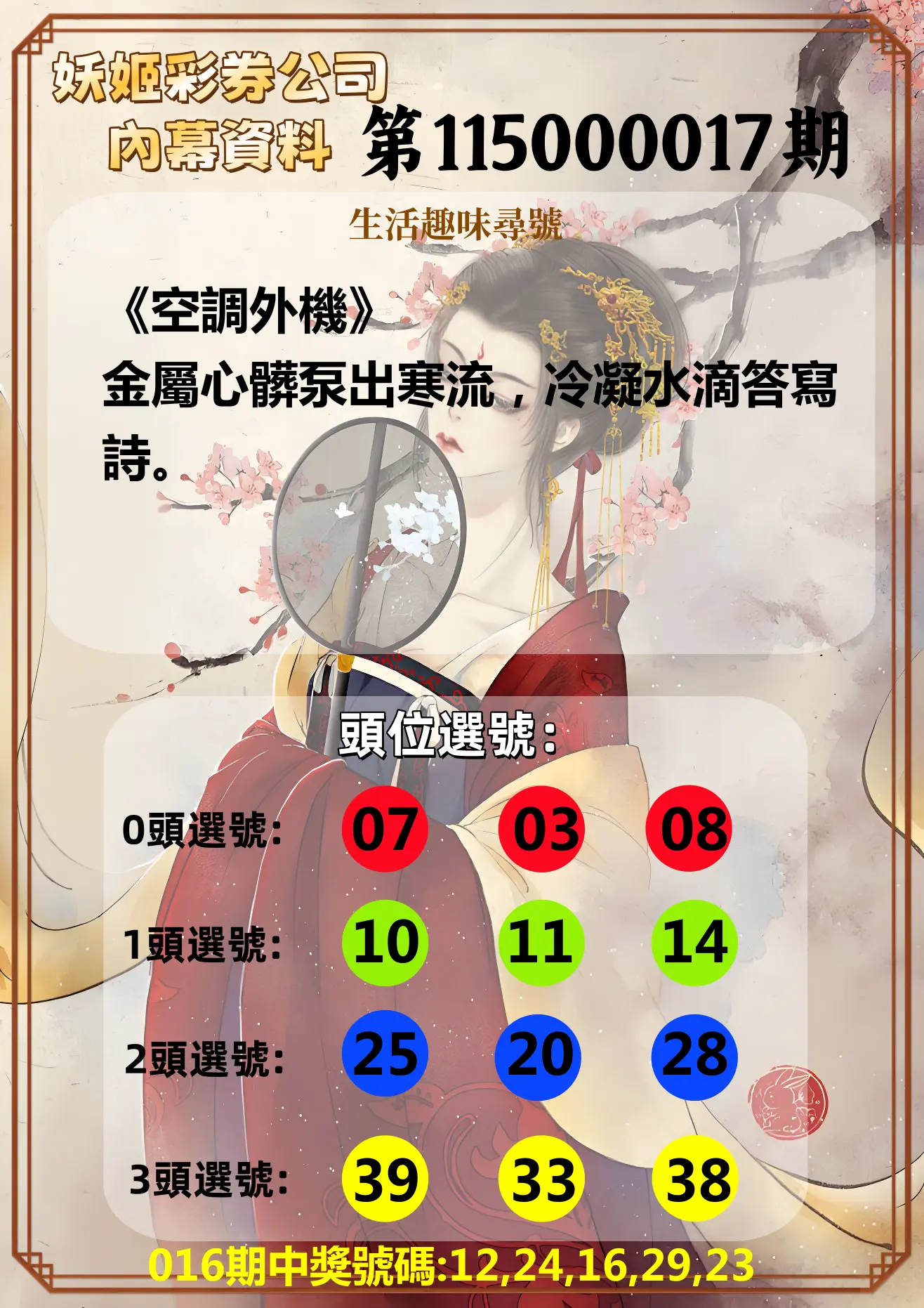 今彩539第115000017期(01/20)妖姬彩券公司內幕資料