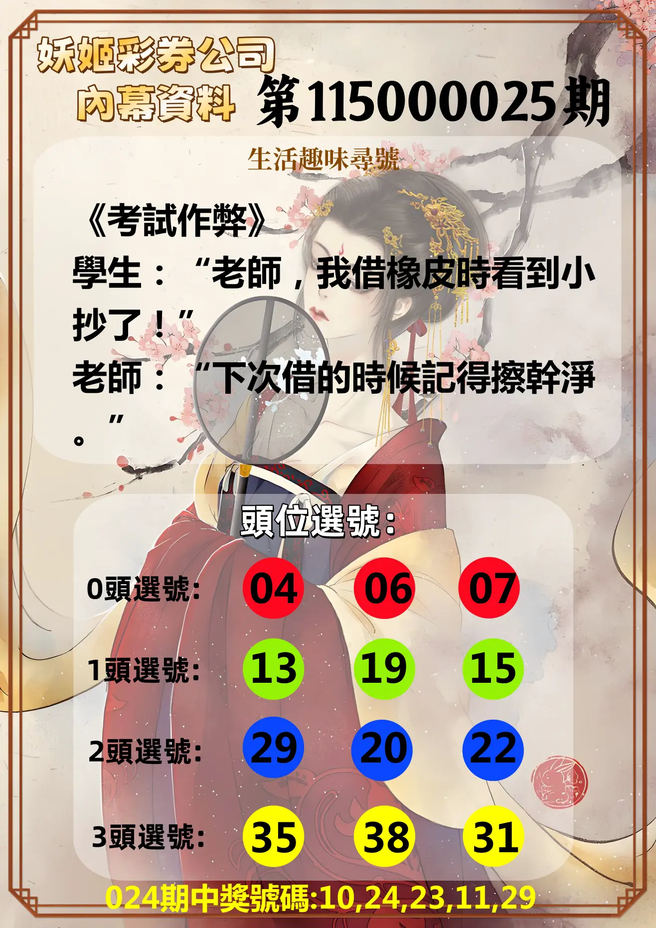 今彩539第115000025期(01/29)妖姬彩券公司內幕資料