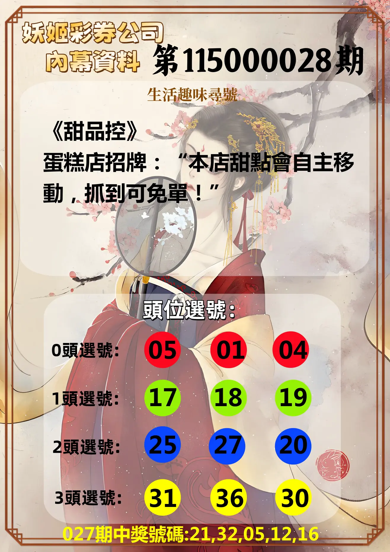 今彩539第115000028期(02/02)妖姬彩券公司內幕資料