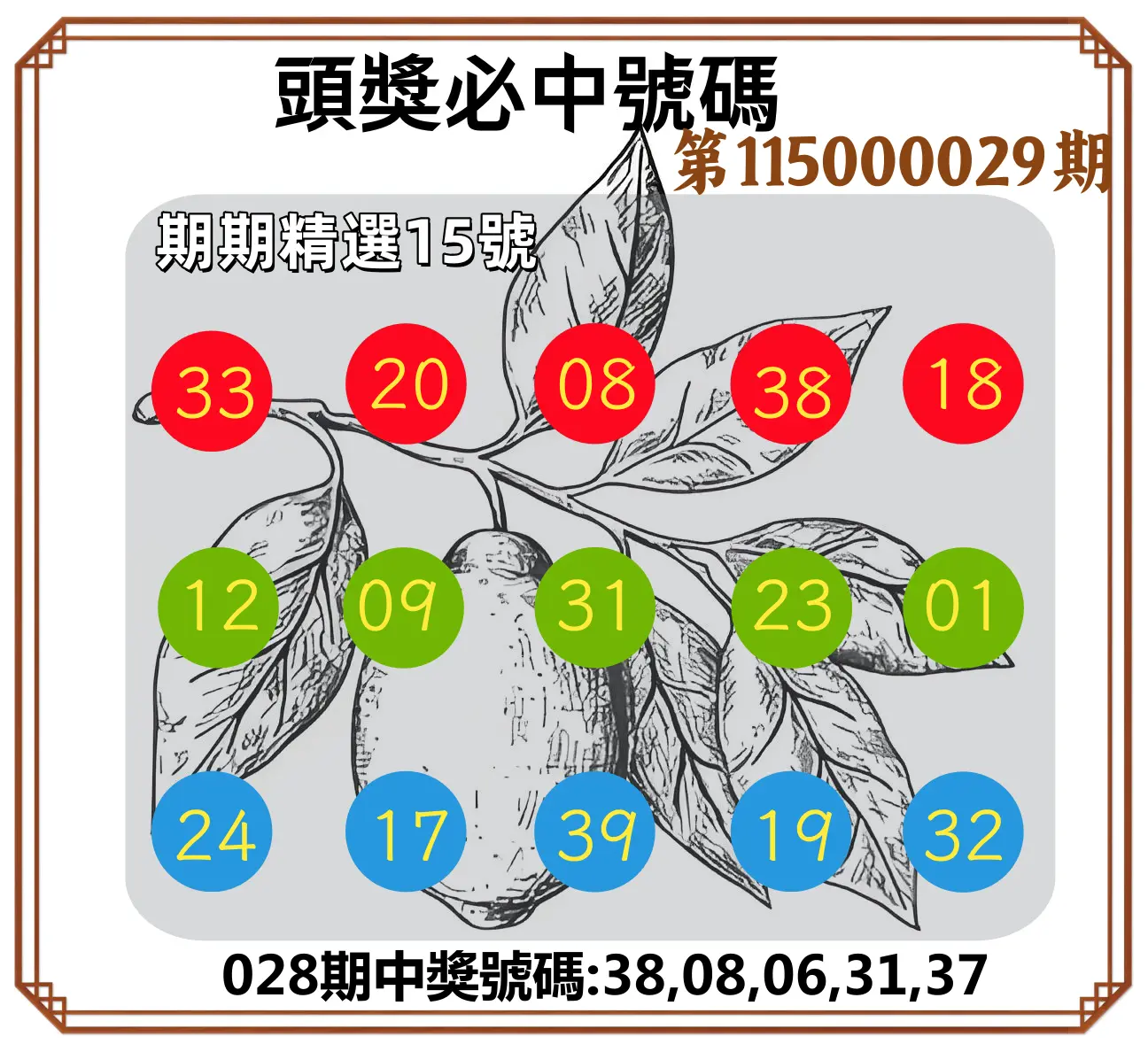 今彩539第115000029期(02/03)頭獎號碼