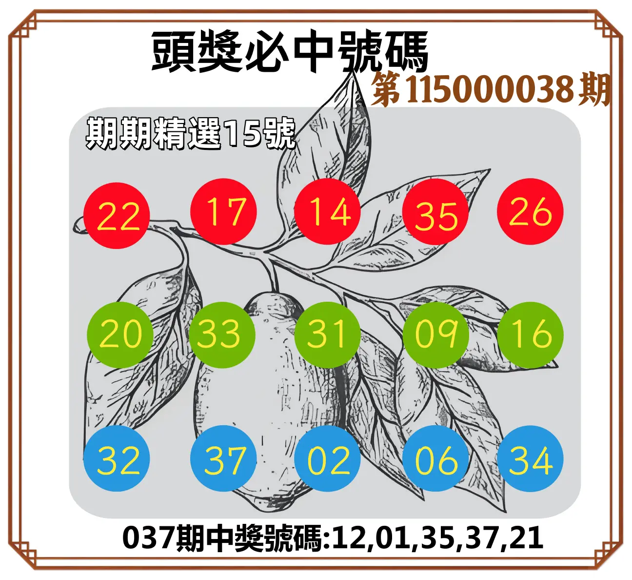 今彩539第115000038期(02/13)頭獎號碼