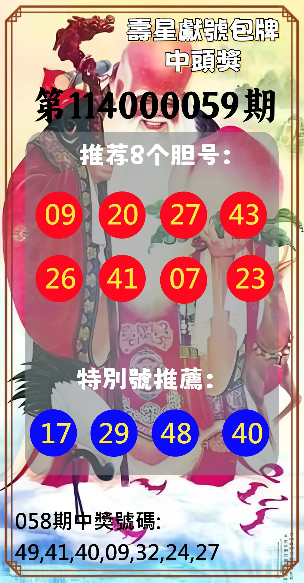 大樂透第114000059期壽星獻號包牌中頭獎