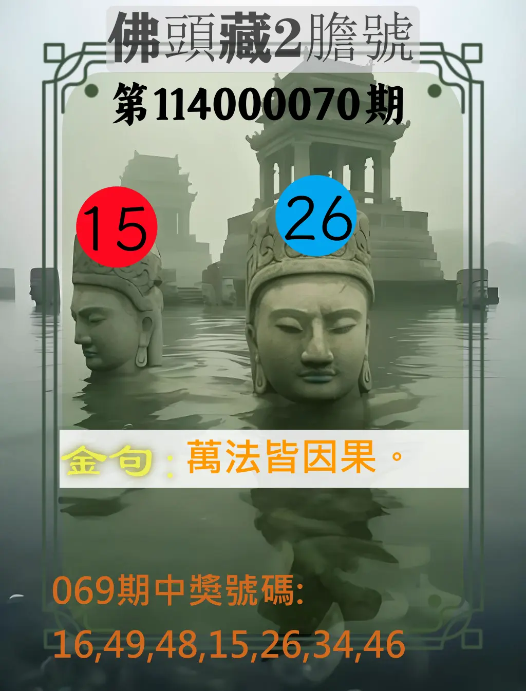 大樂透第114000070期(07/15)佛頭藏2膽號