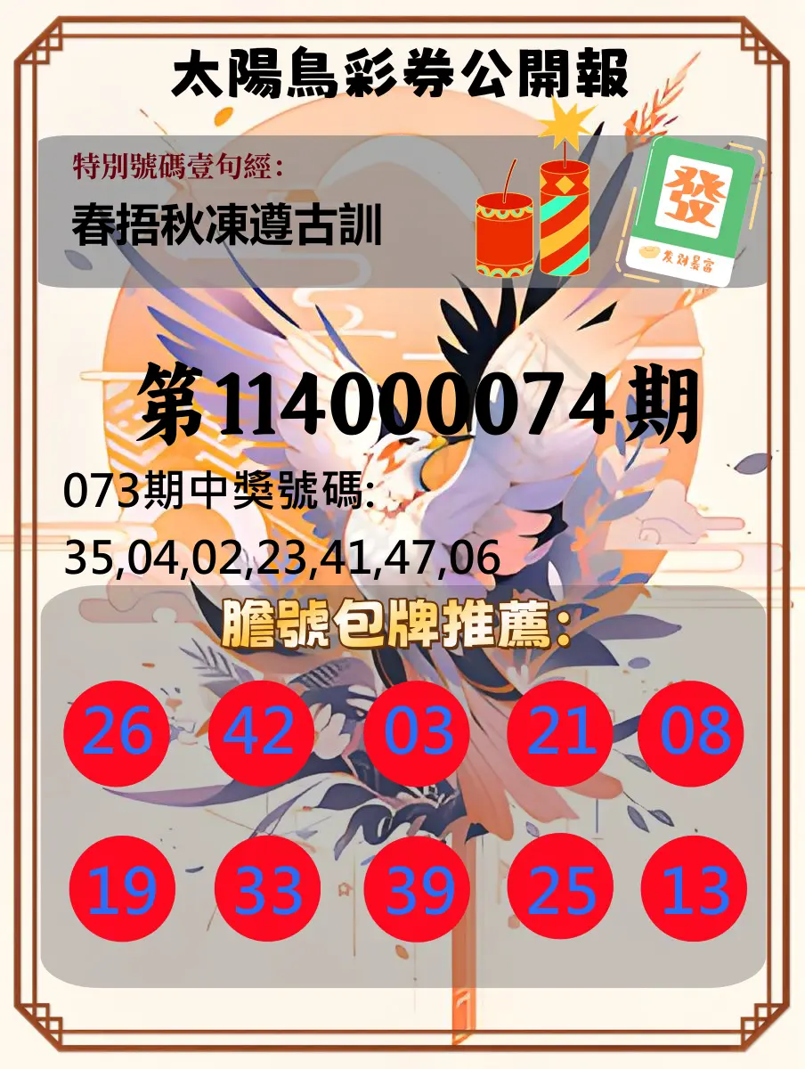 大樂透第114000074期(07/29)太陽鳥彩券公開報