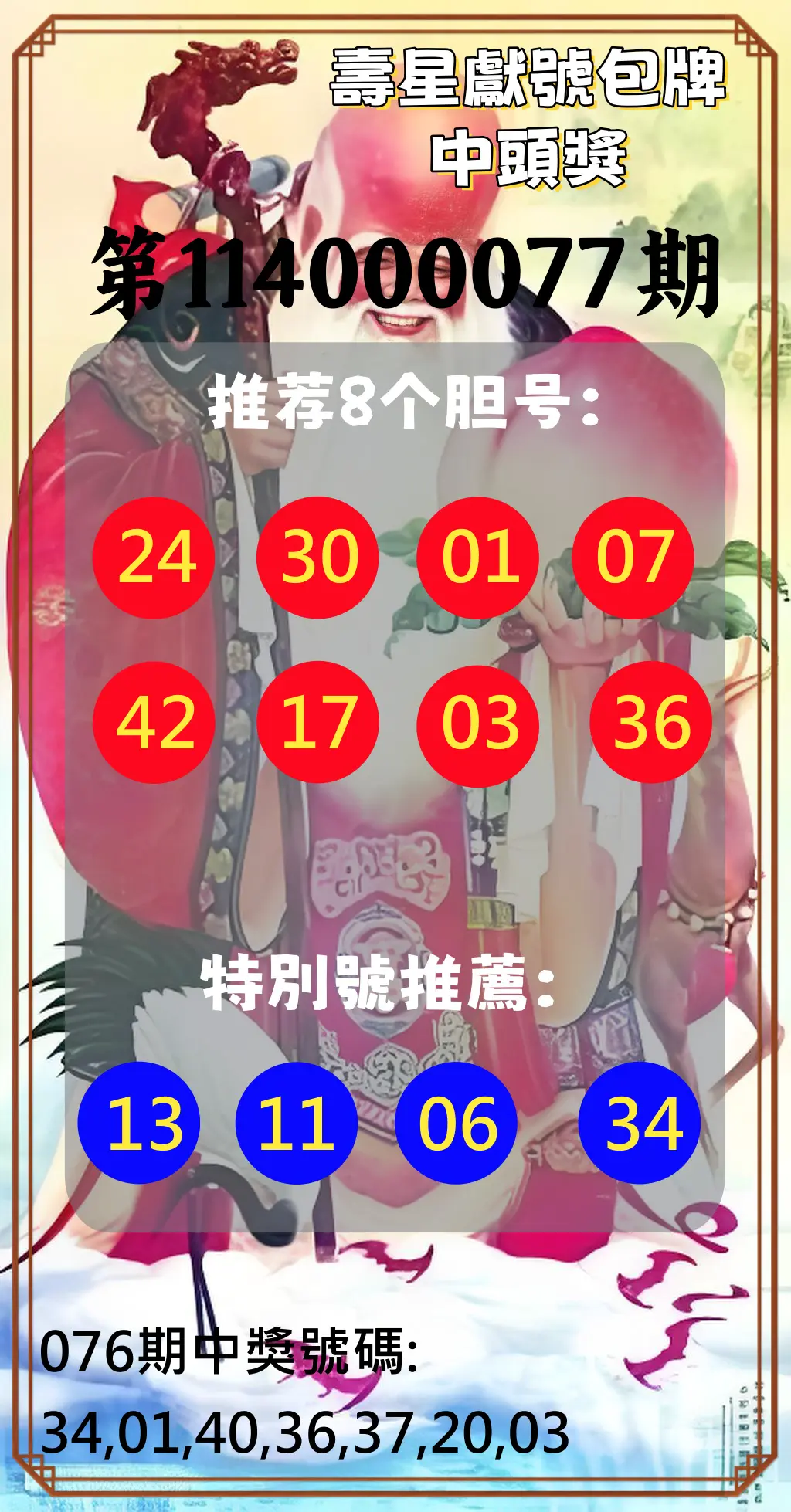 大樂透第114000077期(08/08)壽星獻號包牌中頭獎