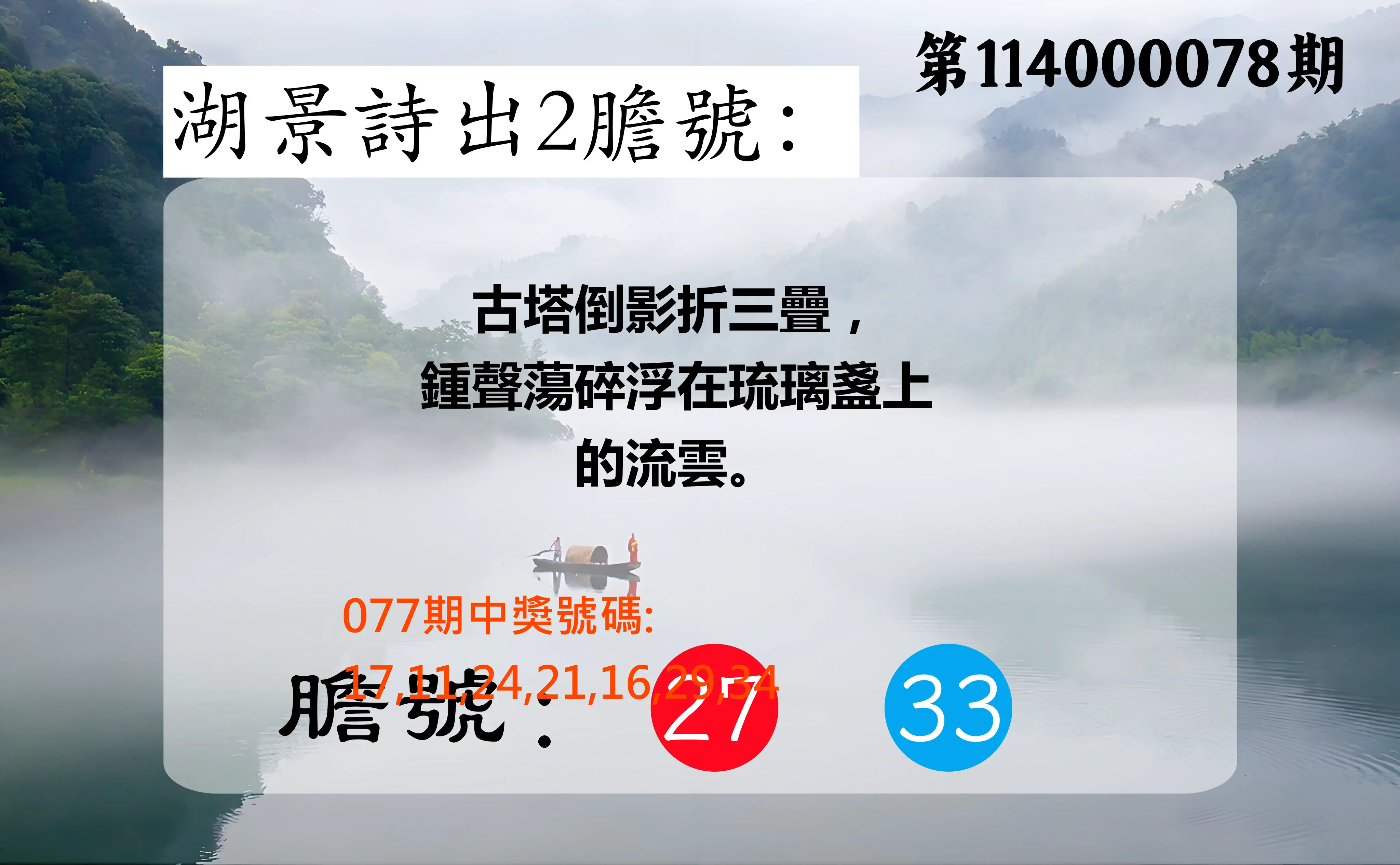 大樂透第114000078期(08/12)湖景詩出2膽號