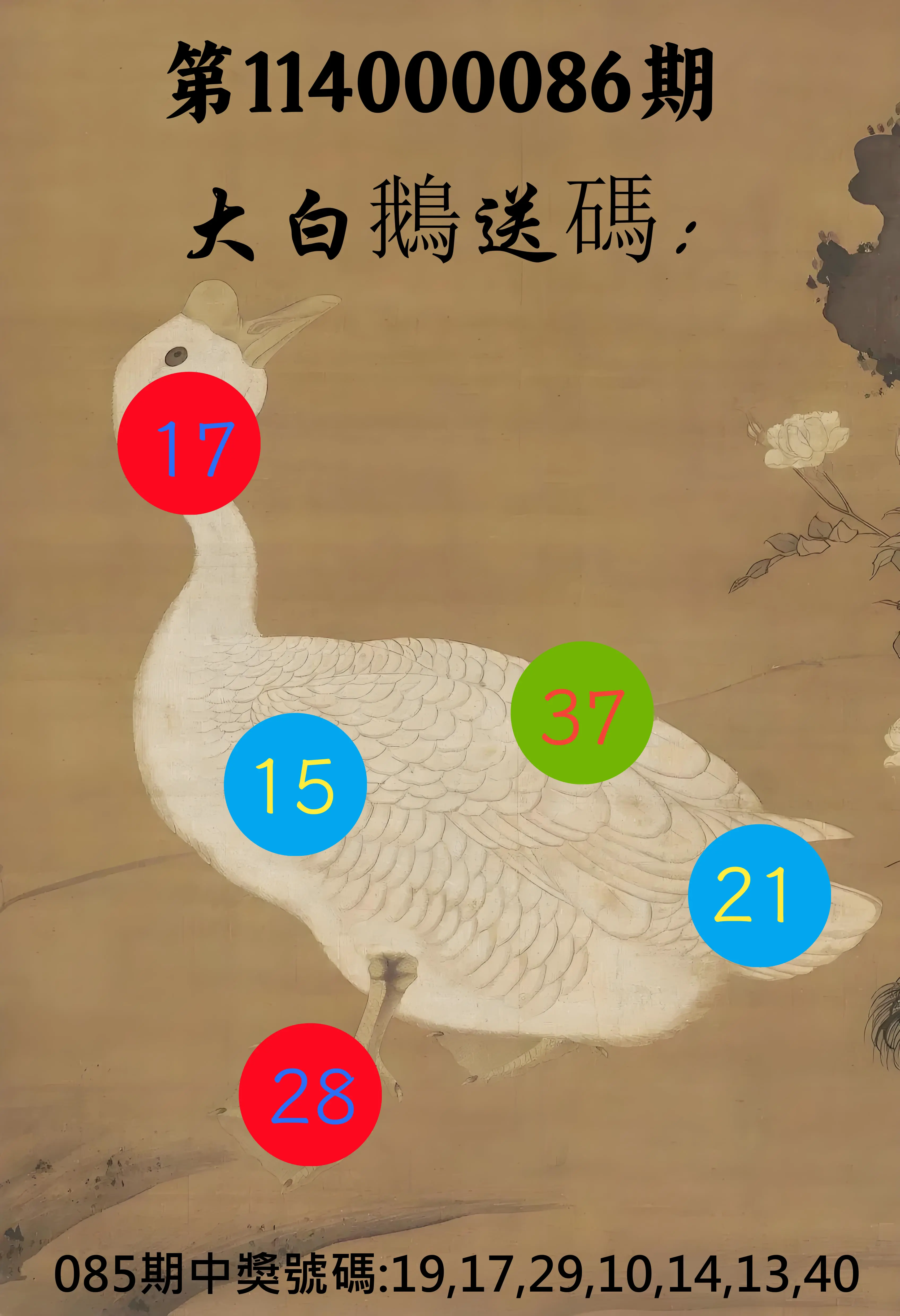 大樂透第114000086期(09/09)大白鵝送碼