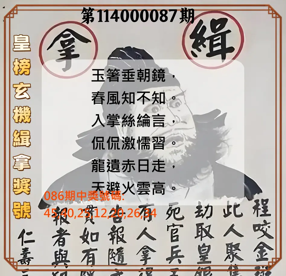 大樂透第114000087期(09/12)皇榜玄機緝拿獎號