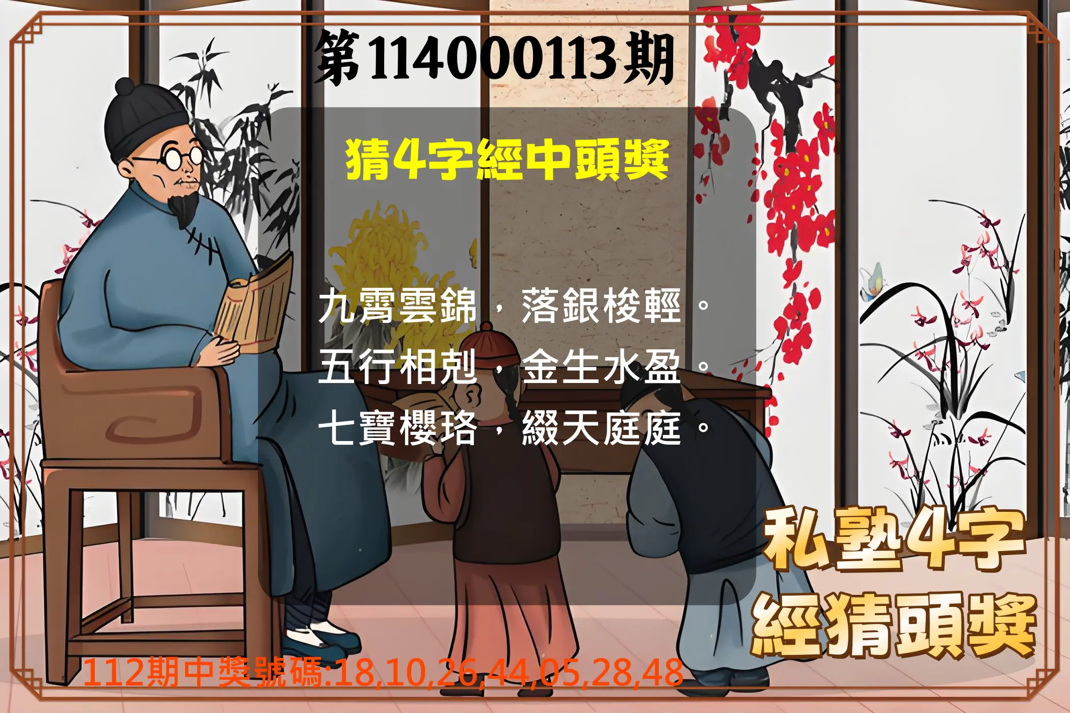 大樂透第114000113期(12/12)私塾4字經猜頭獎