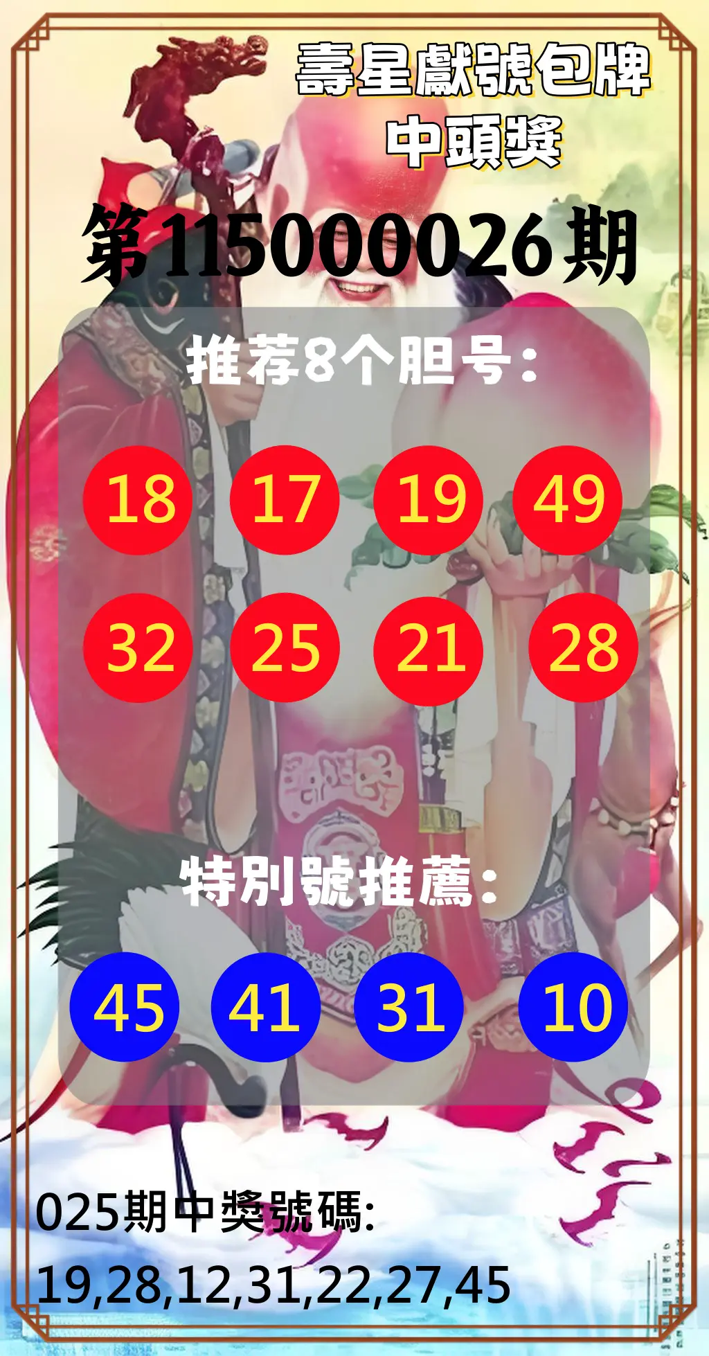 大樂透第115000026期(02/25)壽星獻號包牌中頭獎