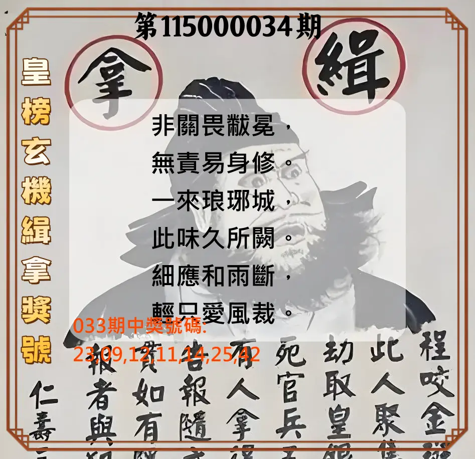 大樂透第115000034期(03/10)皇榜玄機緝拿獎號