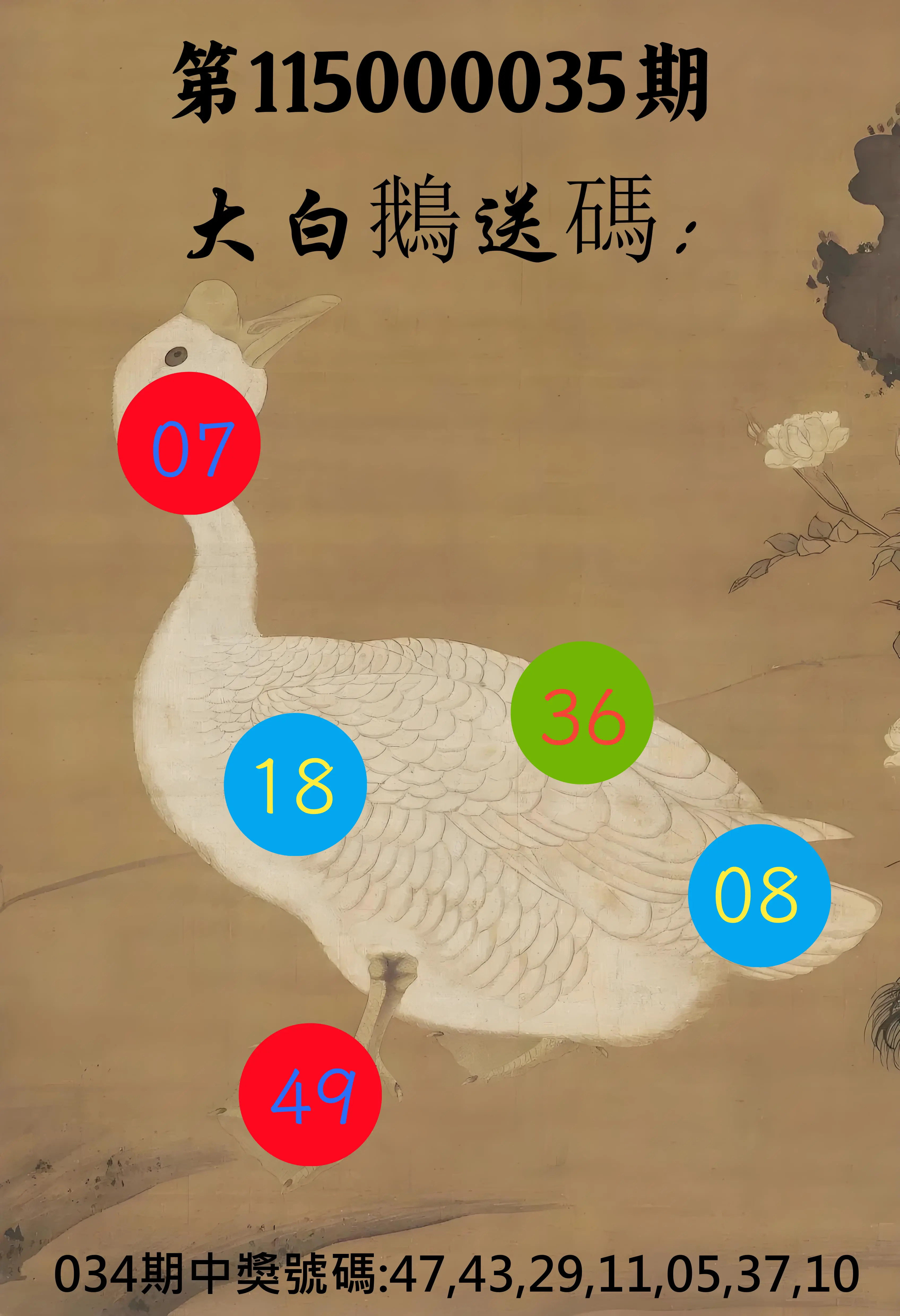 大樂透第115000035期(03/13)大白鵝送碼