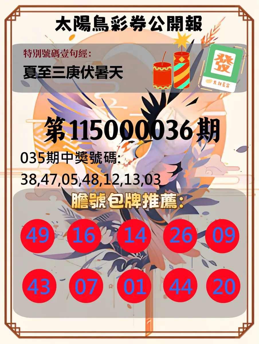 大樂透第115000036期(03/17)太陽鳥彩券公開報