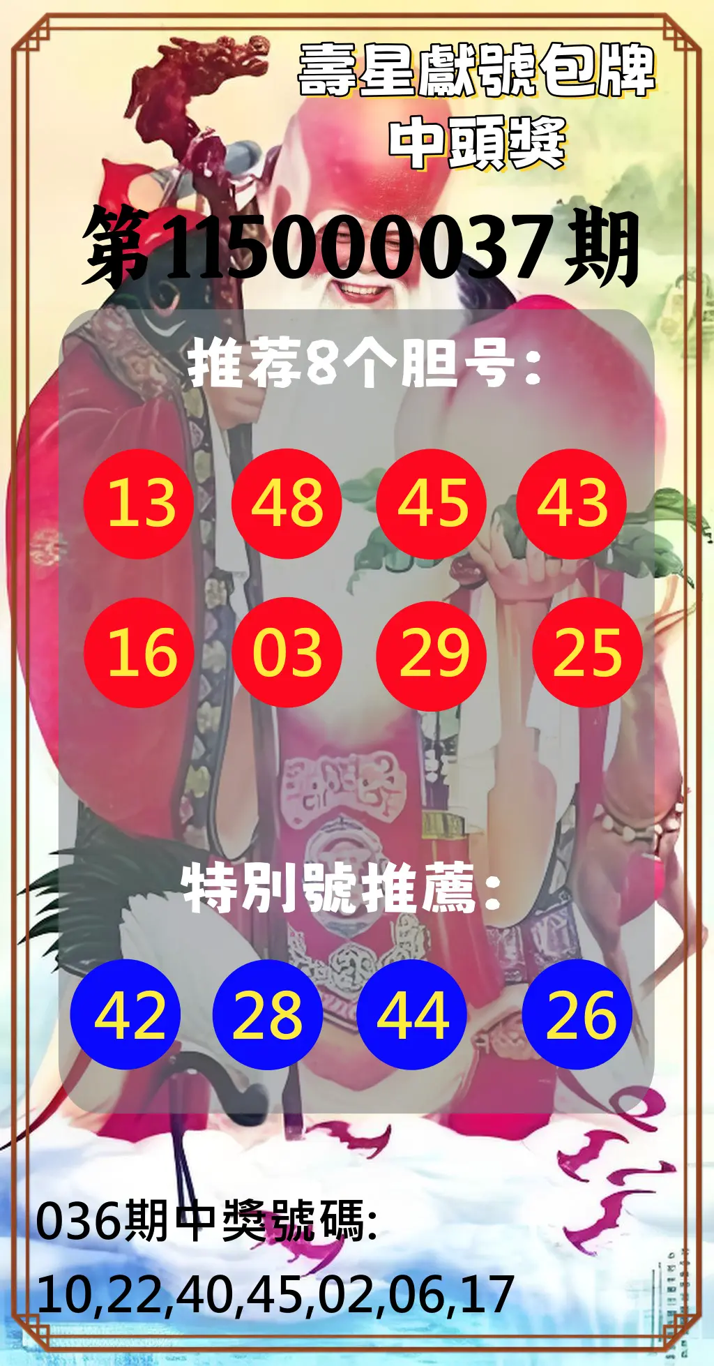 大樂透第115000037期(03/20)壽星獻號包牌中頭獎