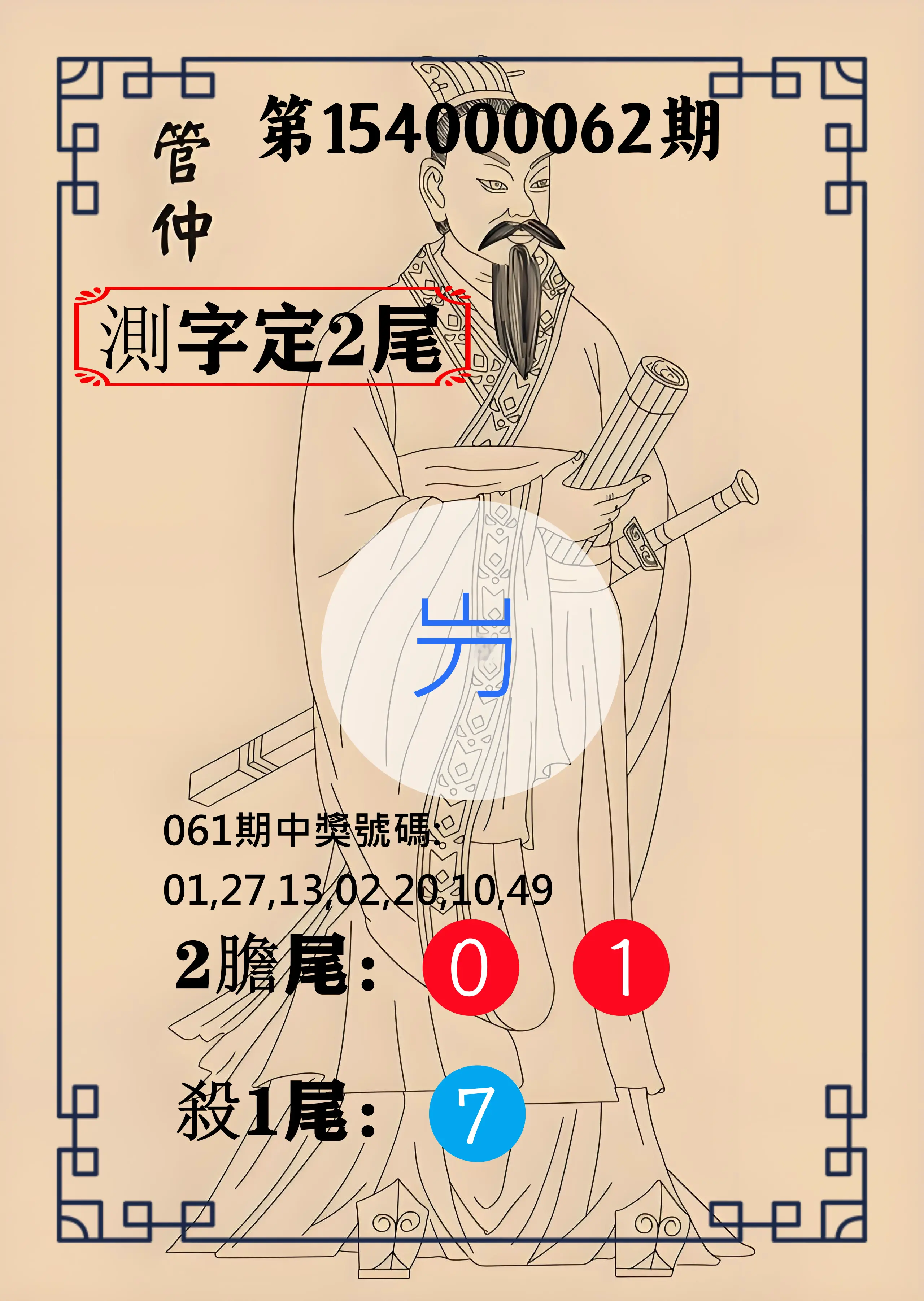大樂透第154000062期管仲測字定2尾
