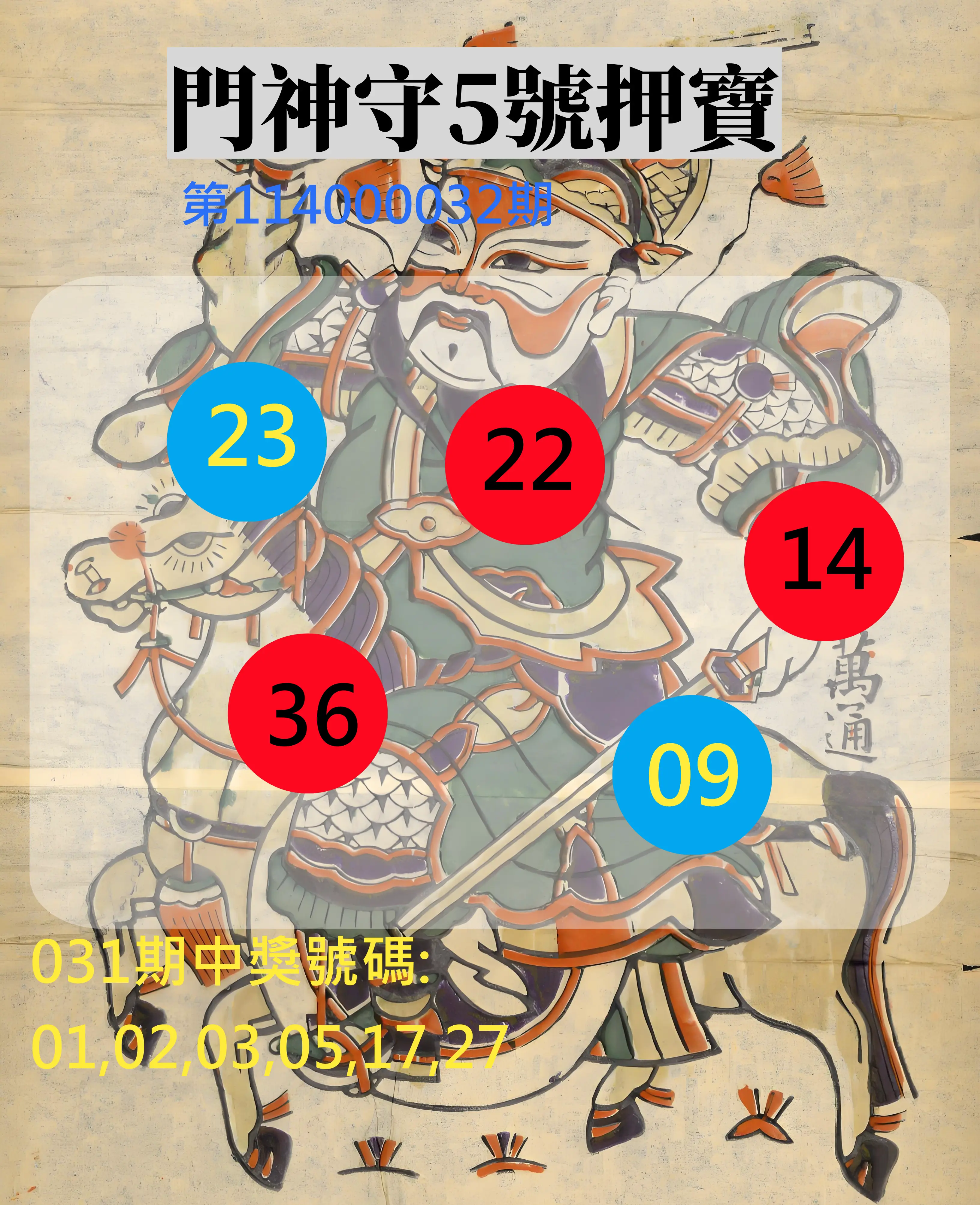 威力彩第114000032期門神守5號押寶