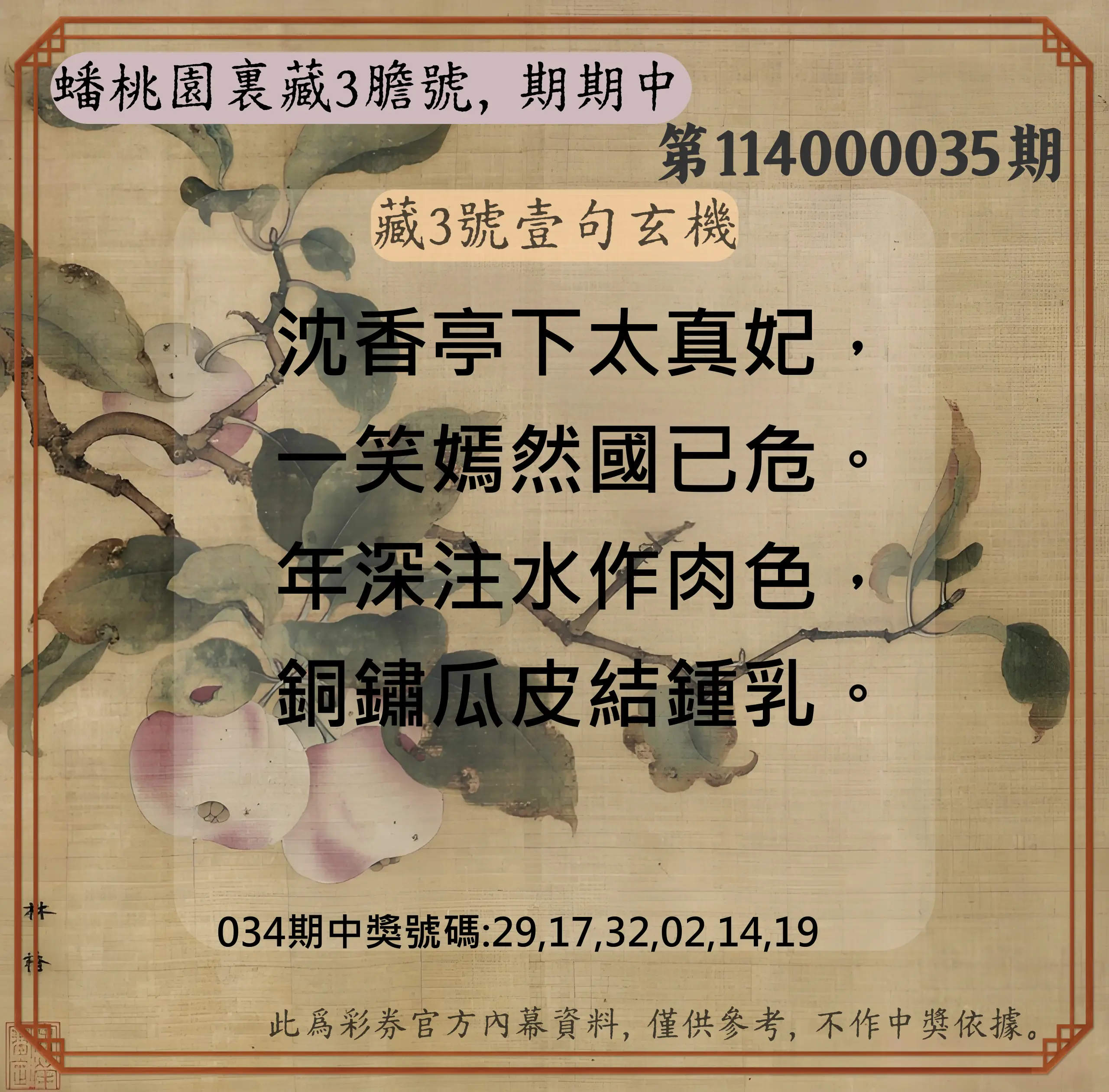 威力彩第114000035期蟠桃園裏藏3膽號，期期中