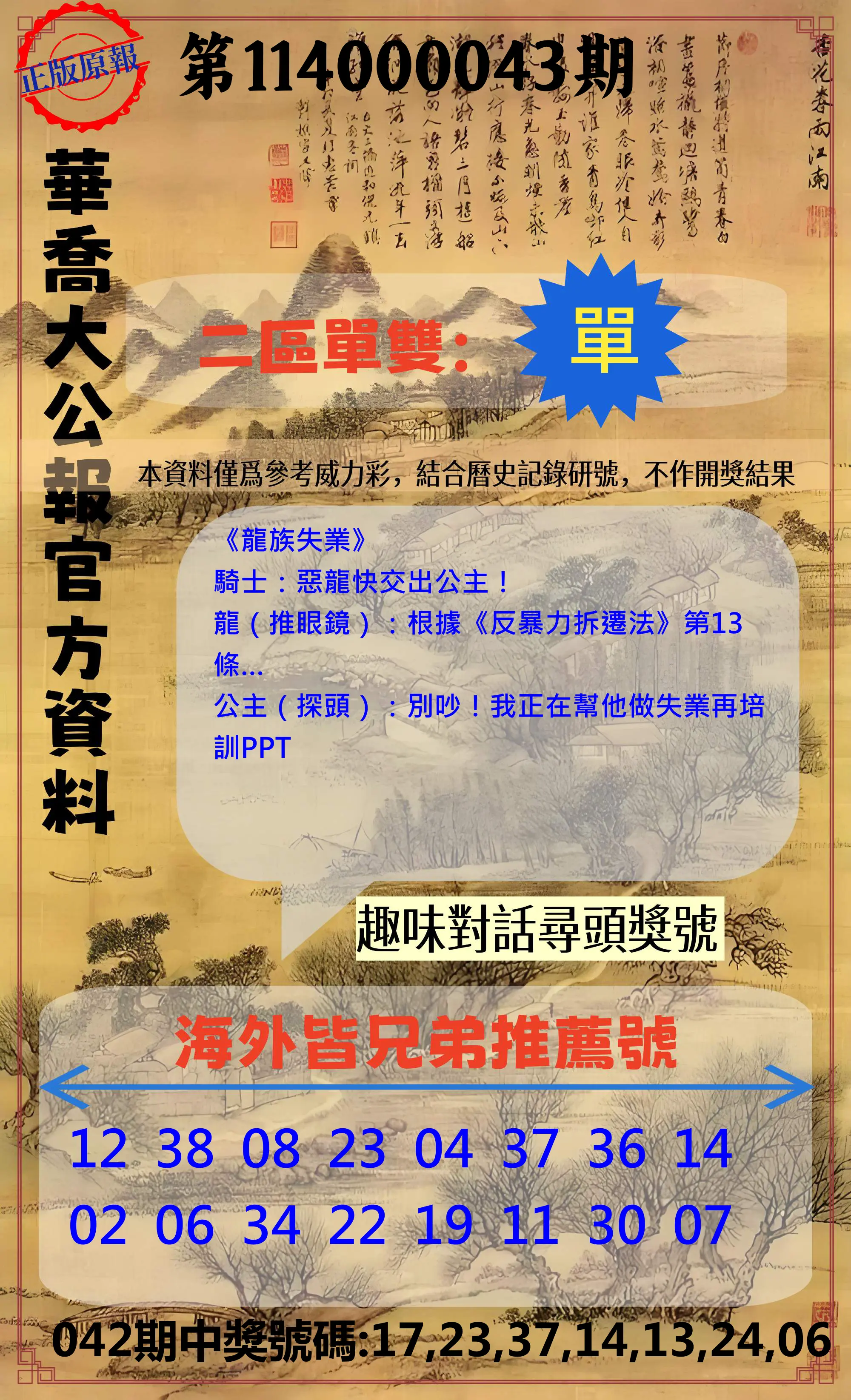 威力彩第114000043期華喬大公報官方資料