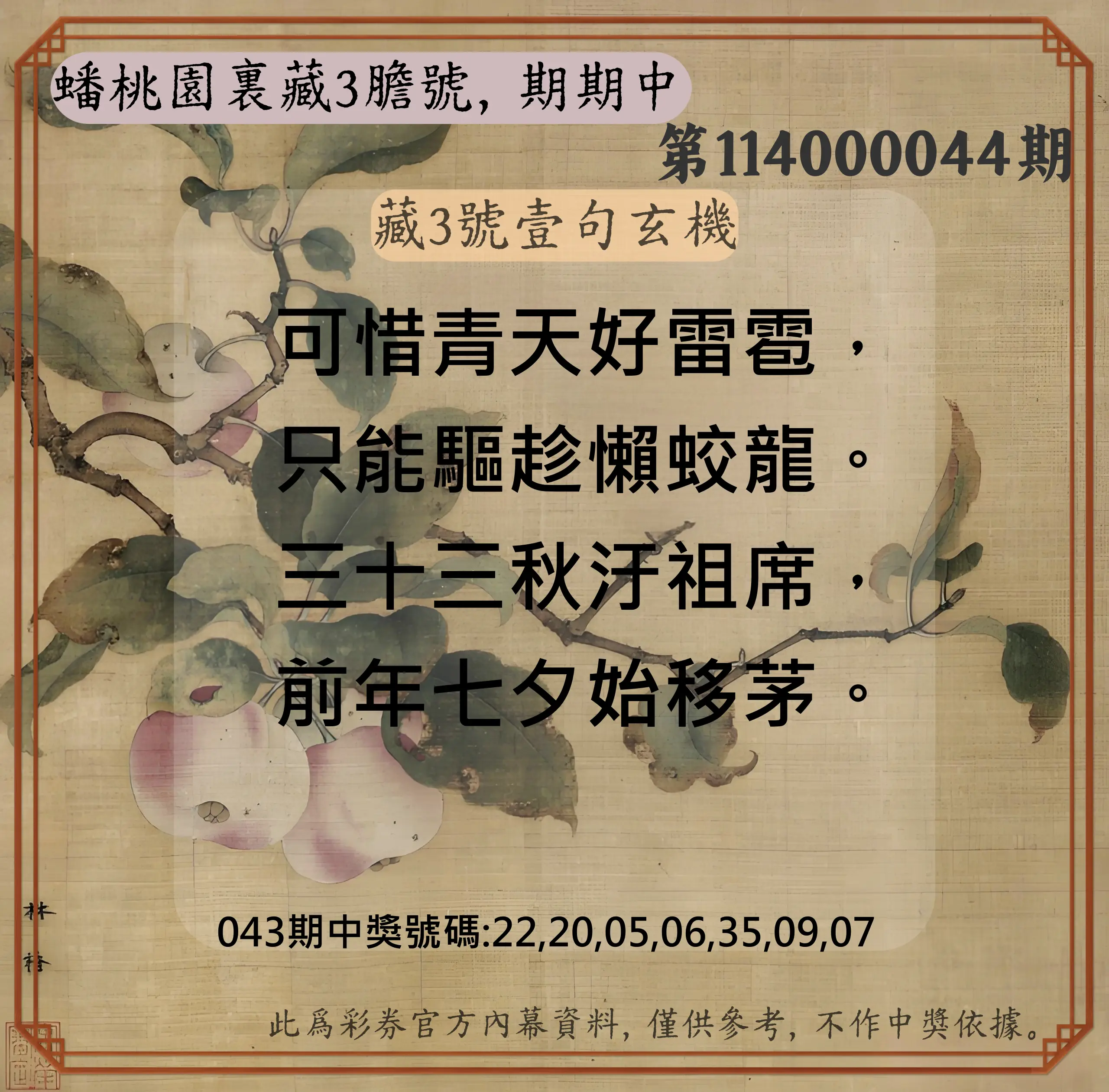 威力彩第114000044期蟠桃園裏藏3膽號，期期中
