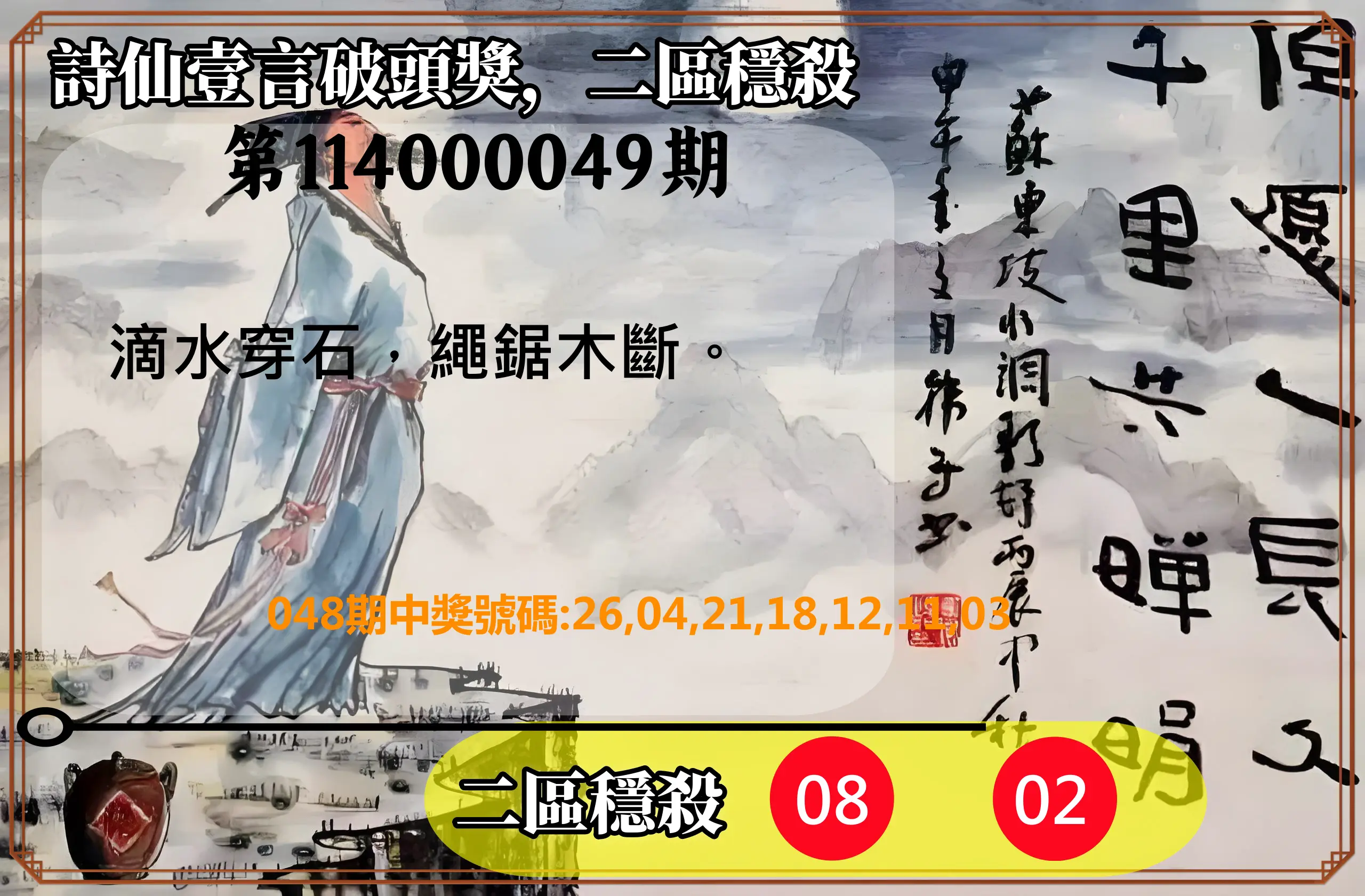 威力彩第114000049期詩仙壹言破頭獎，二區穩殺