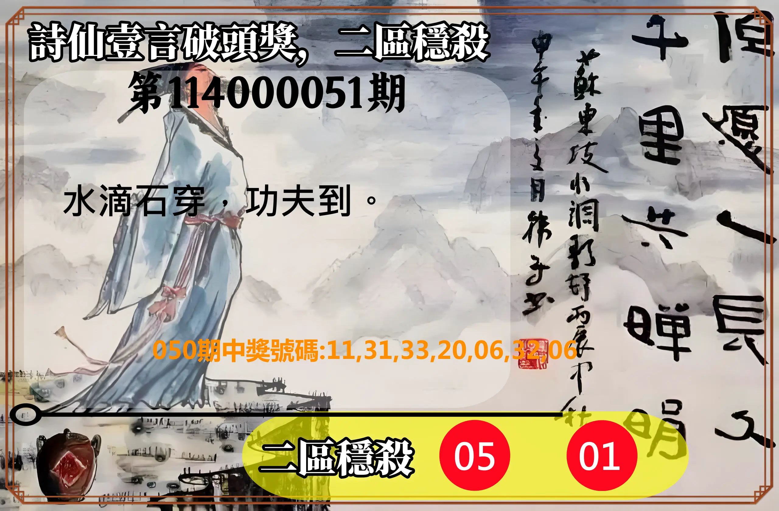 威力彩第114000051期詩仙壹言破頭獎，二區穩殺