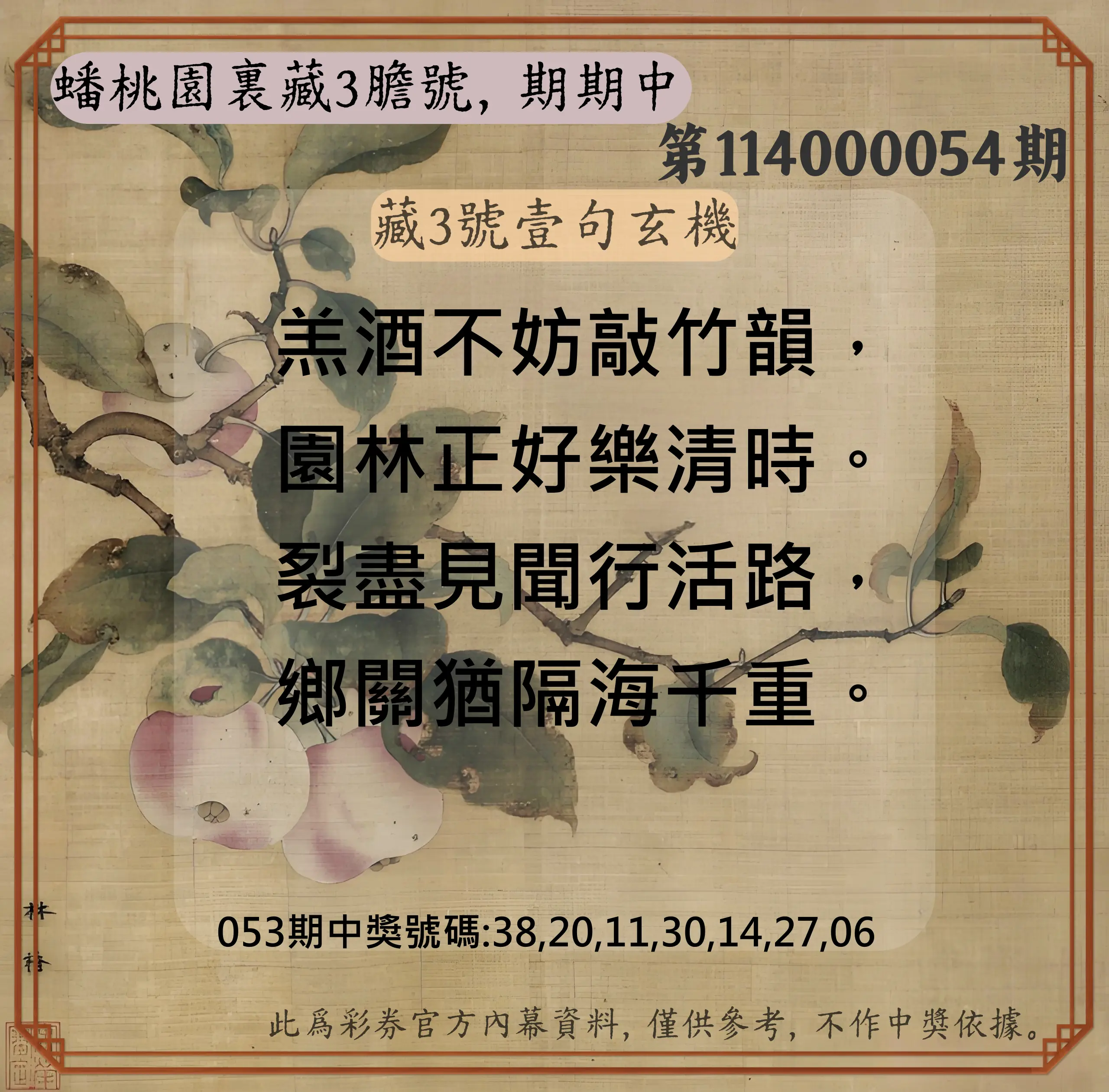 威力彩第114000054期(07/10)蟠桃園裏藏3膽號，期期中