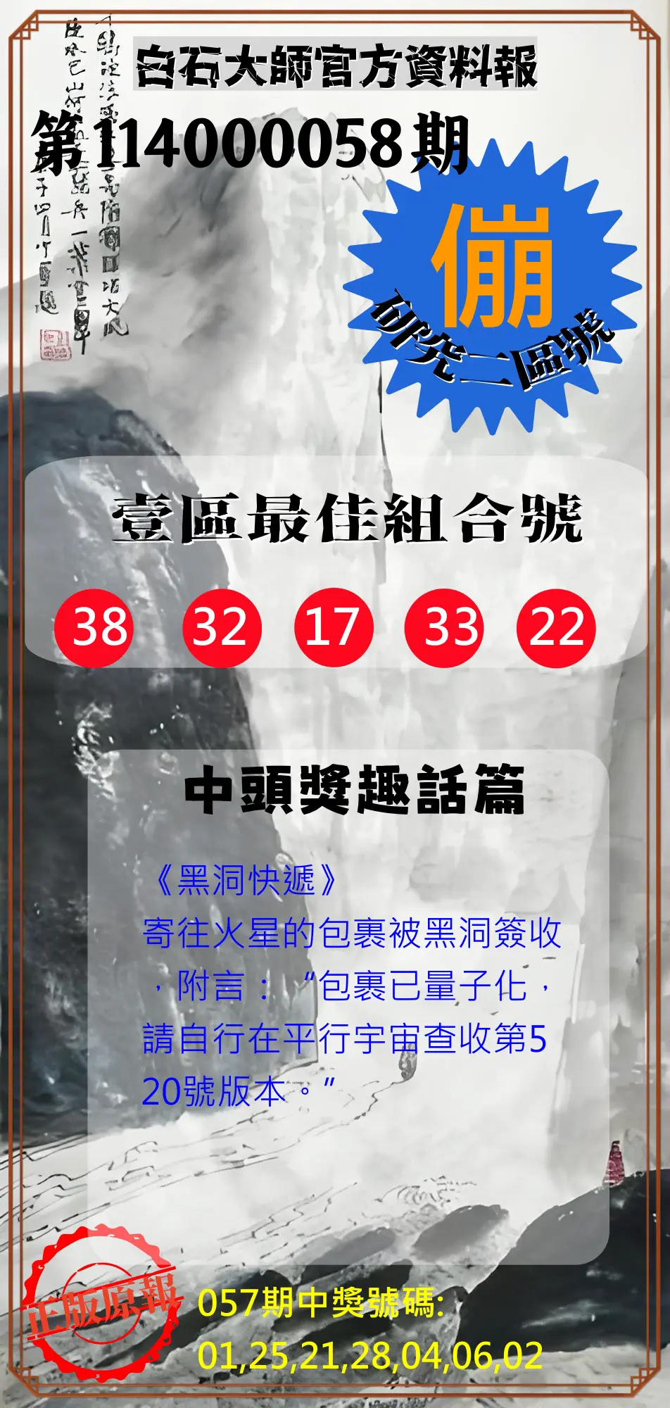 威力彩第114000058期(07/21)白石大師官方資料報
