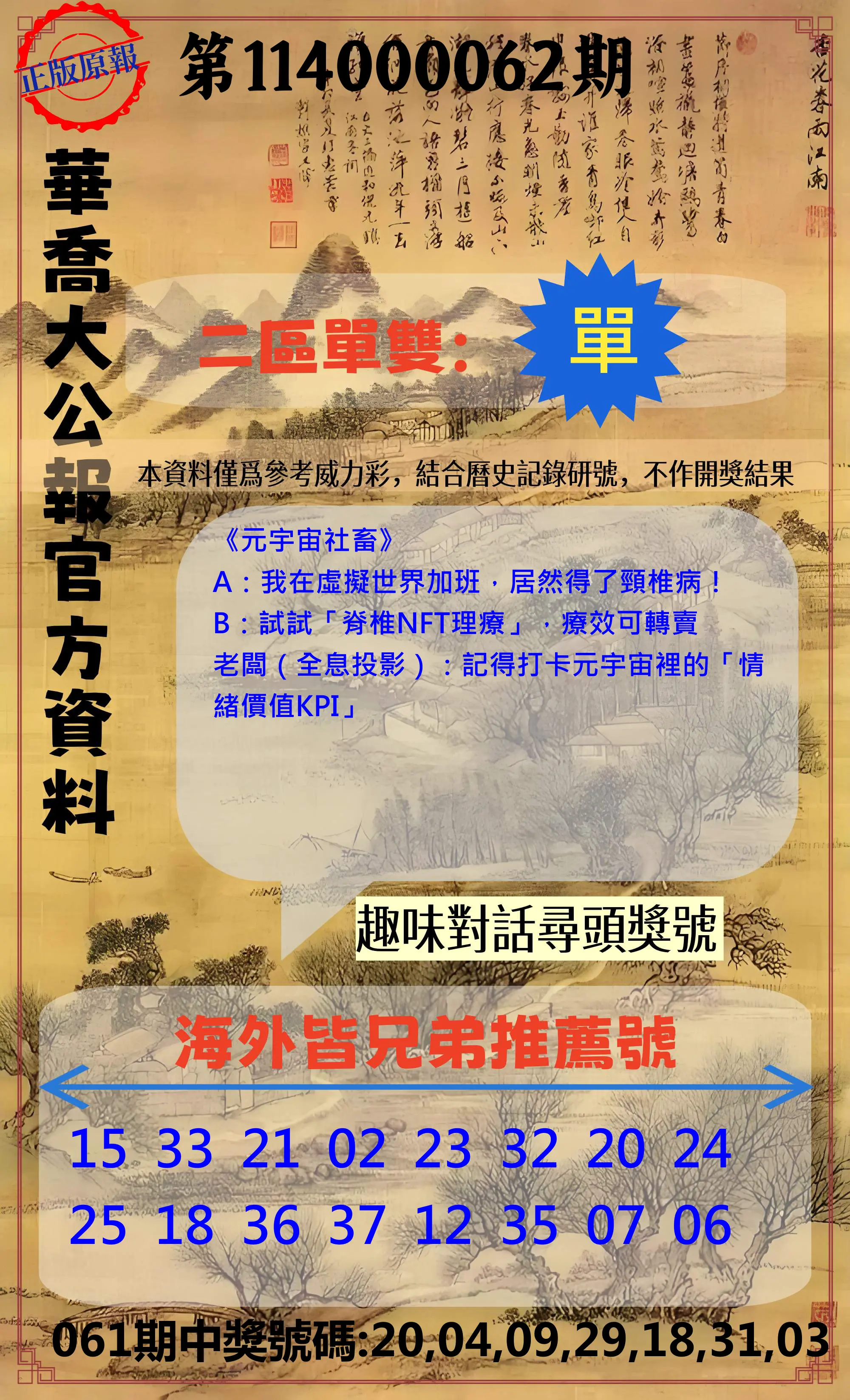 威力彩第114000062期(08/04)華喬大公報官方資料