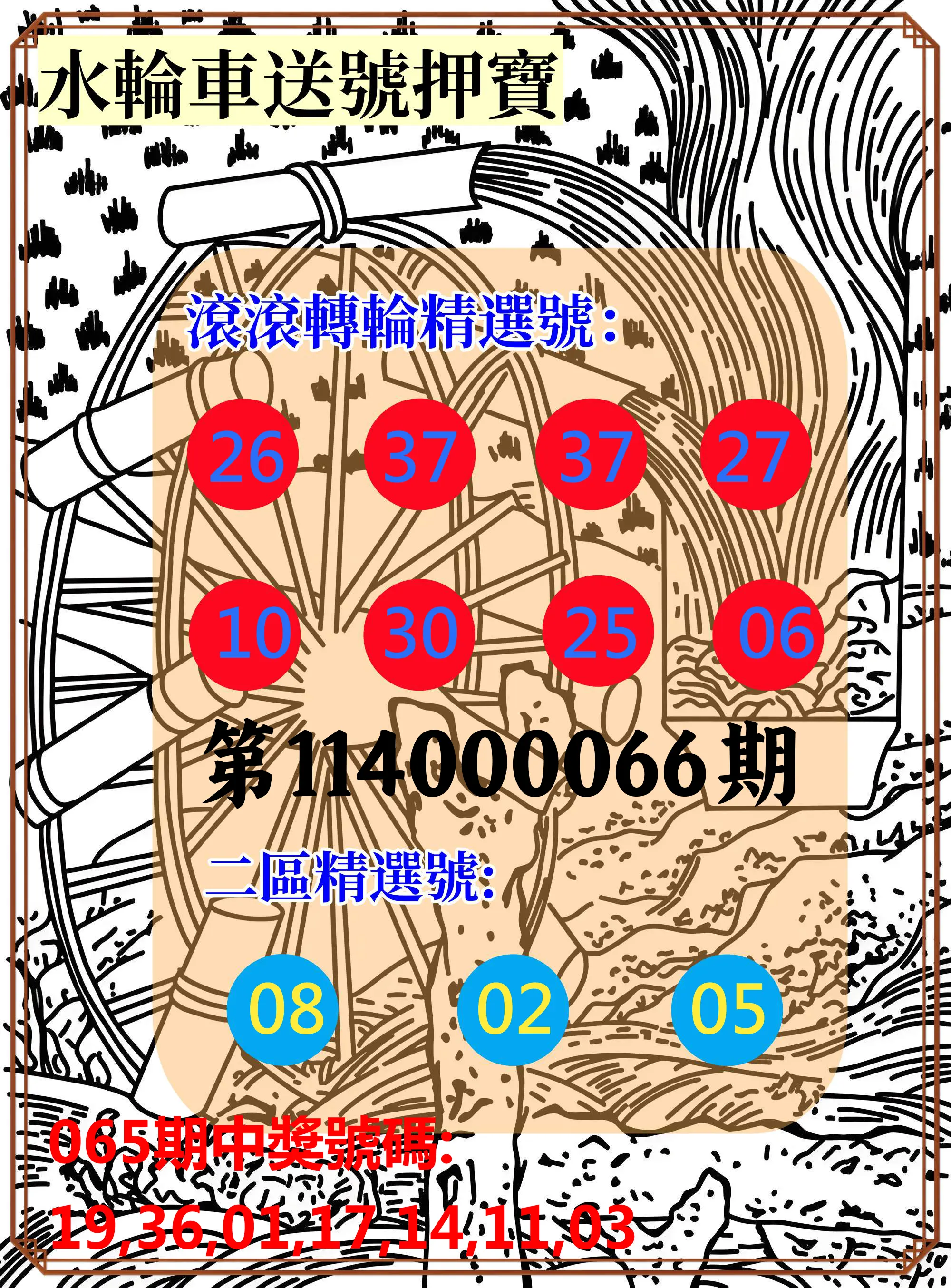 威力彩第114000066期(08/18)水輪車送號押寶