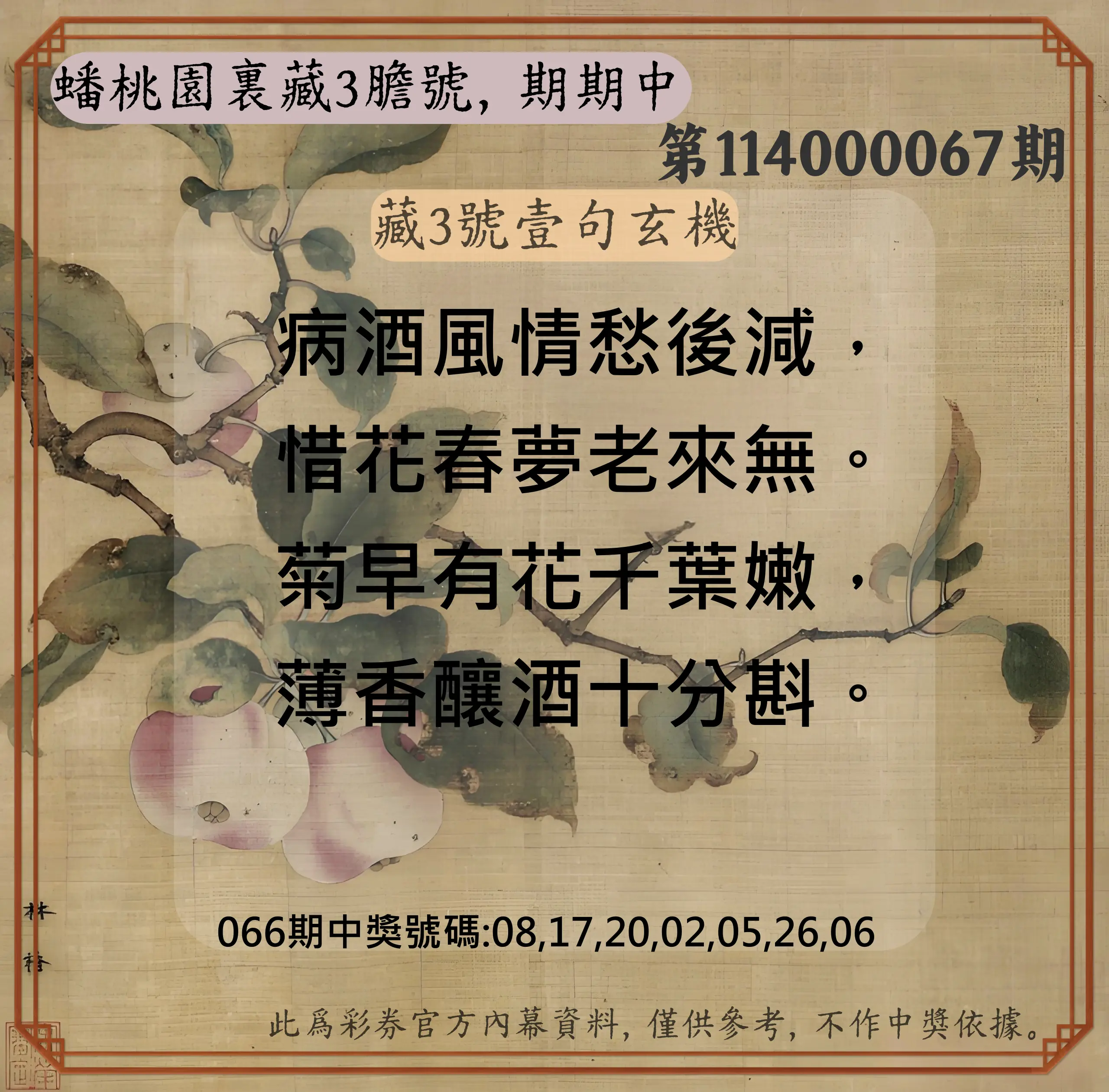 威力彩第114000067期(08/21)蟠桃園裏藏3膽號，期期中