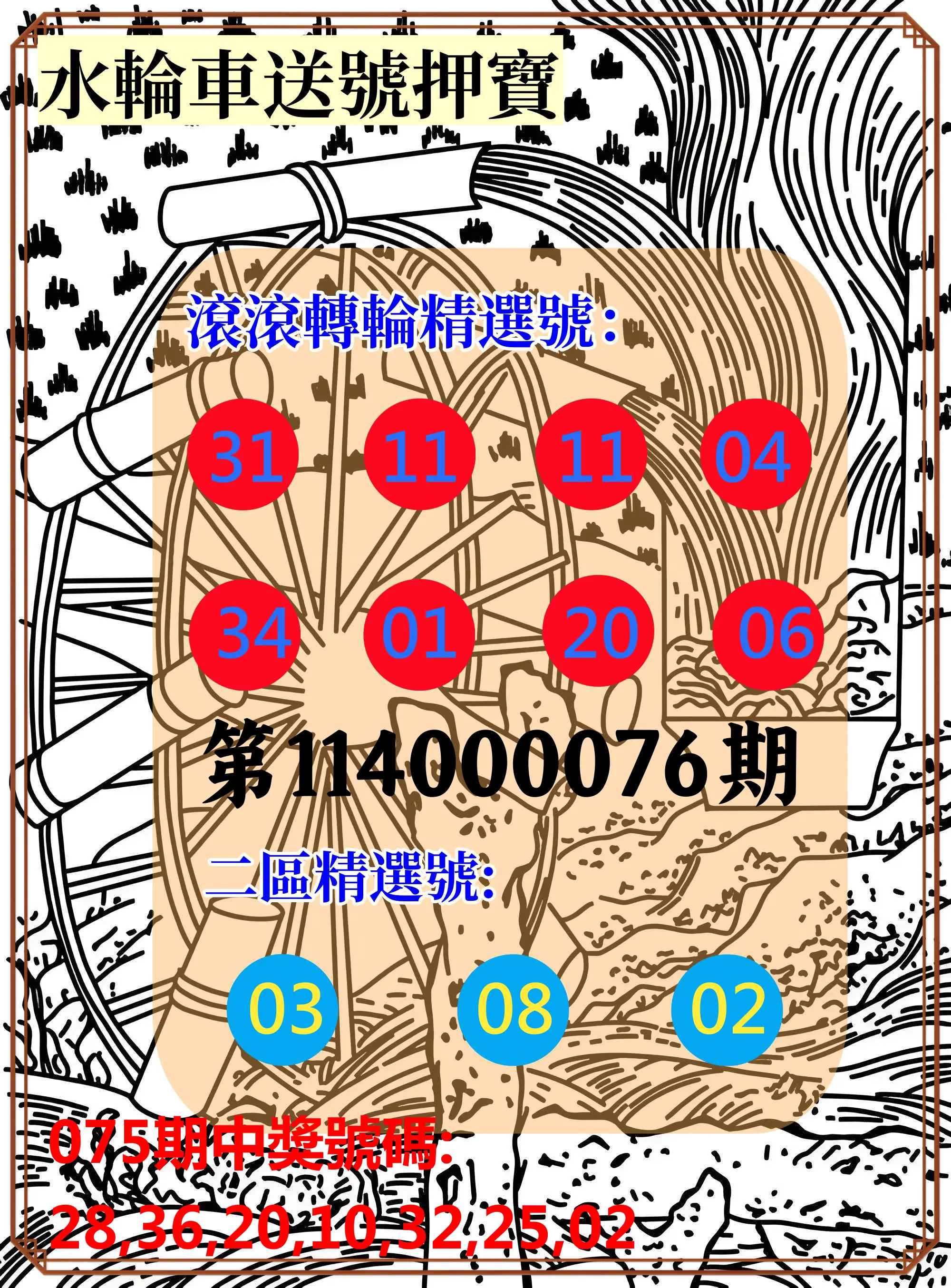 威力彩第114000076期(09/22)水輪車送號押寶