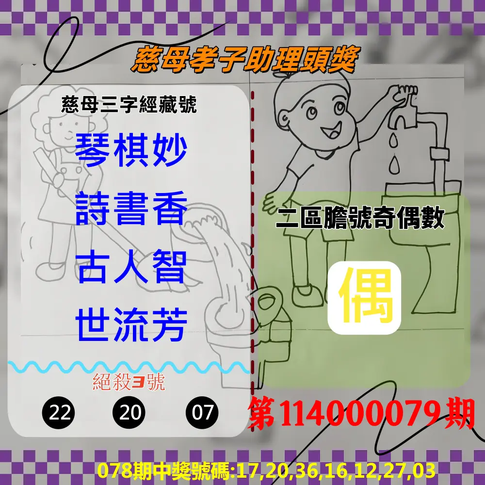 威力彩第114000079期(10/02)慈母孝子助理頭獎