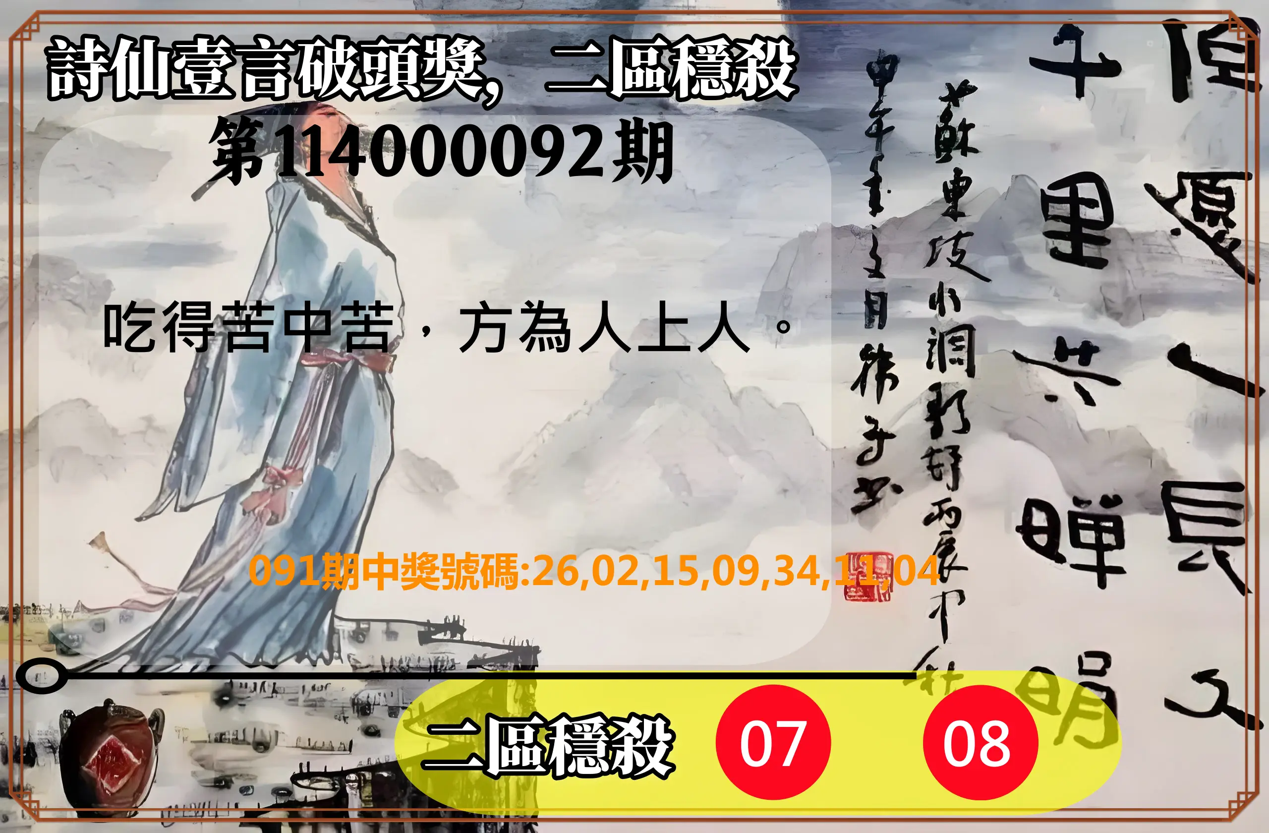 威力彩第114000092期(11/17)詩仙壹言破頭獎，二區穩殺