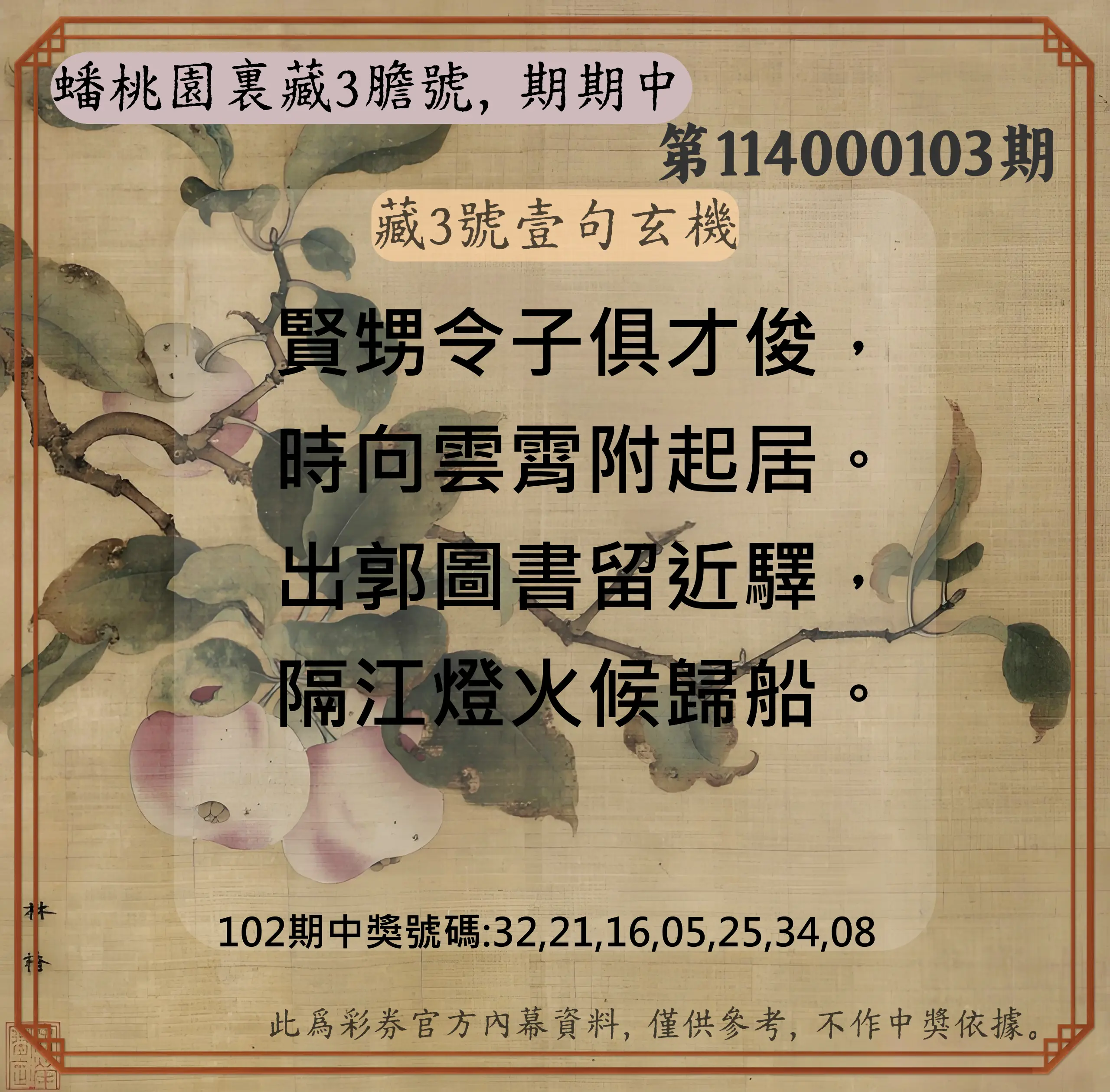 威力彩第114000103期(12/25)蟠桃園裏藏3膽號，期期中