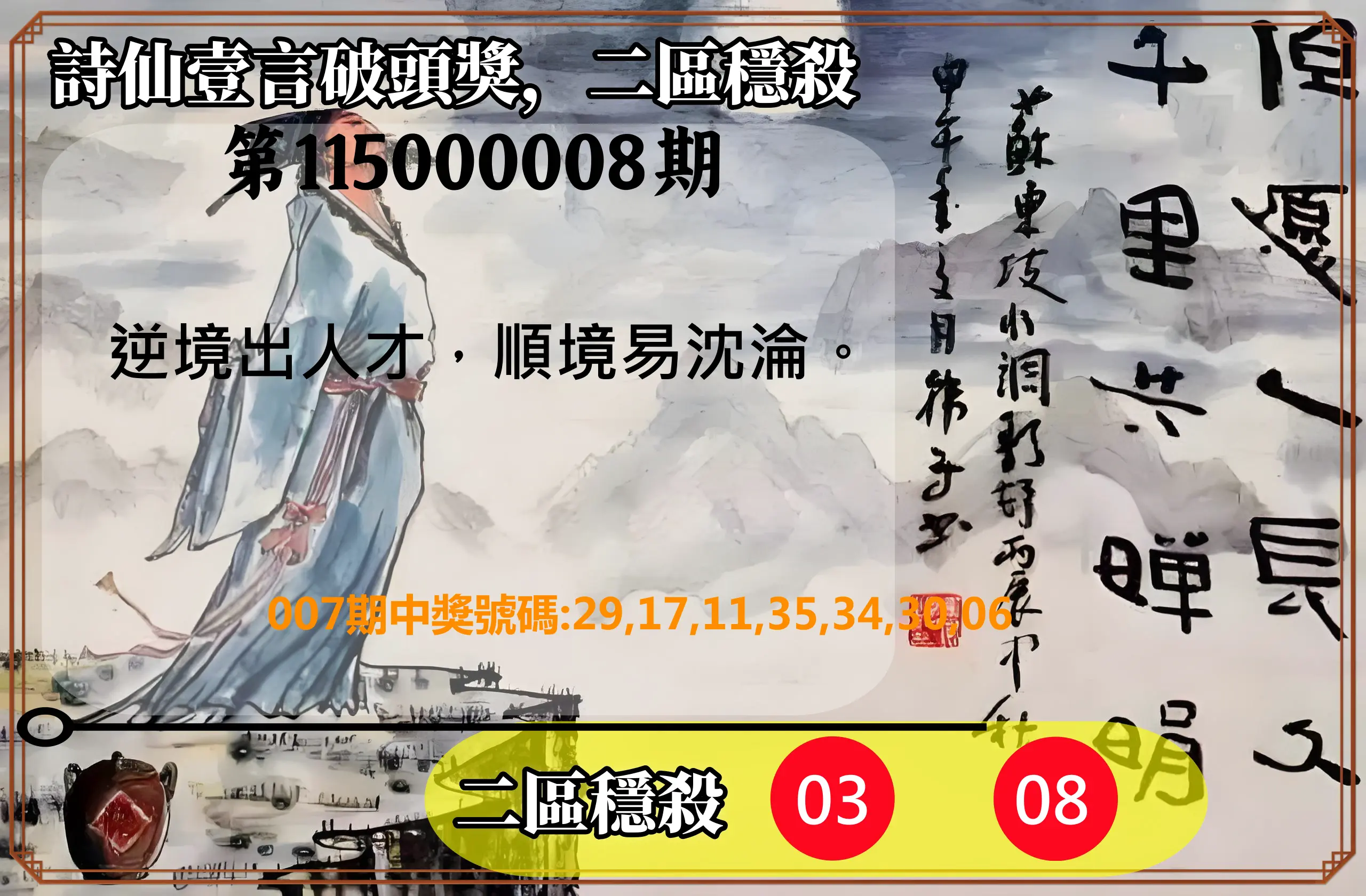 威力彩第115000008期(01/26)詩仙壹言破頭獎，二區穩殺