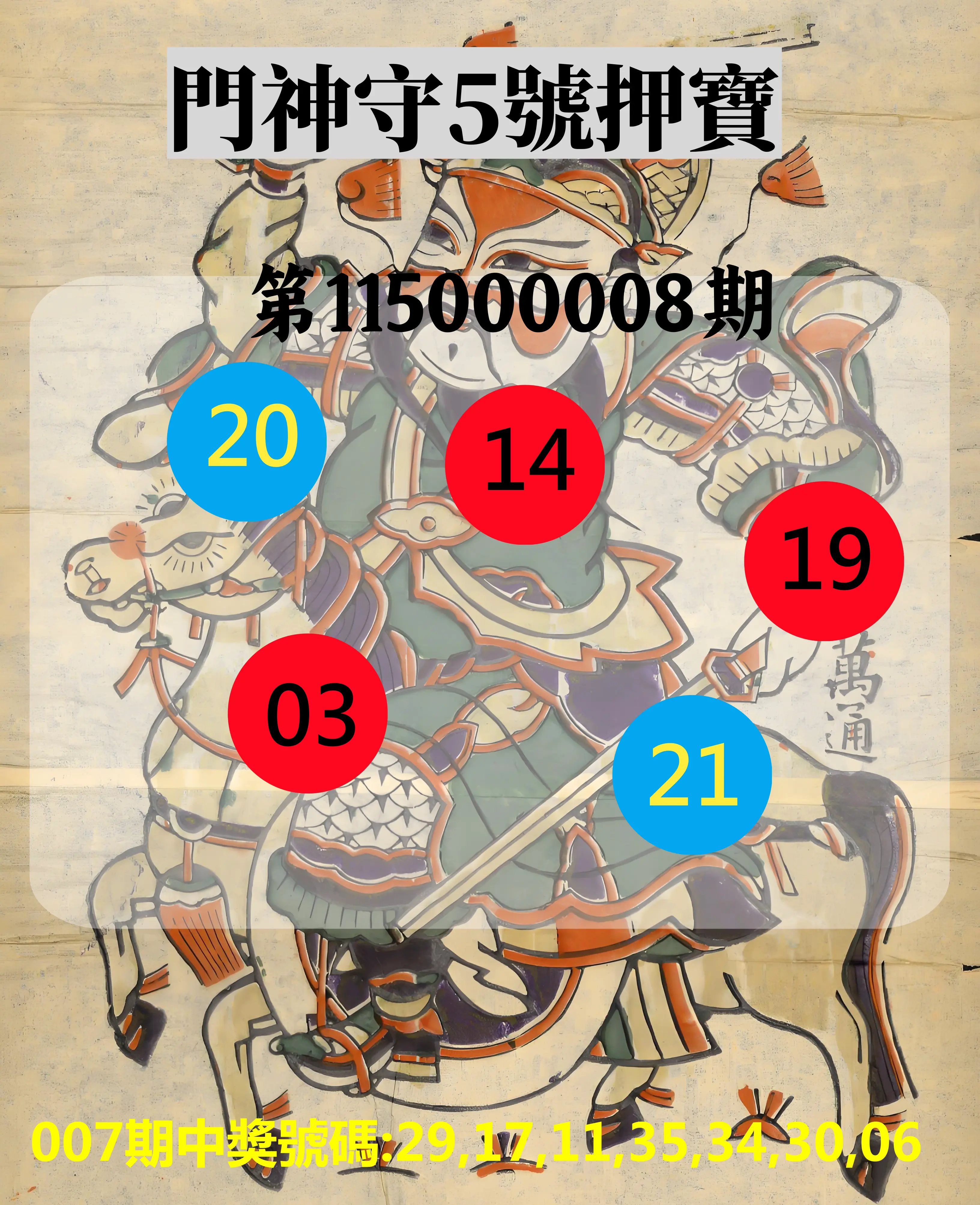 威力彩第115000008期(01/26)門神守5號押寶