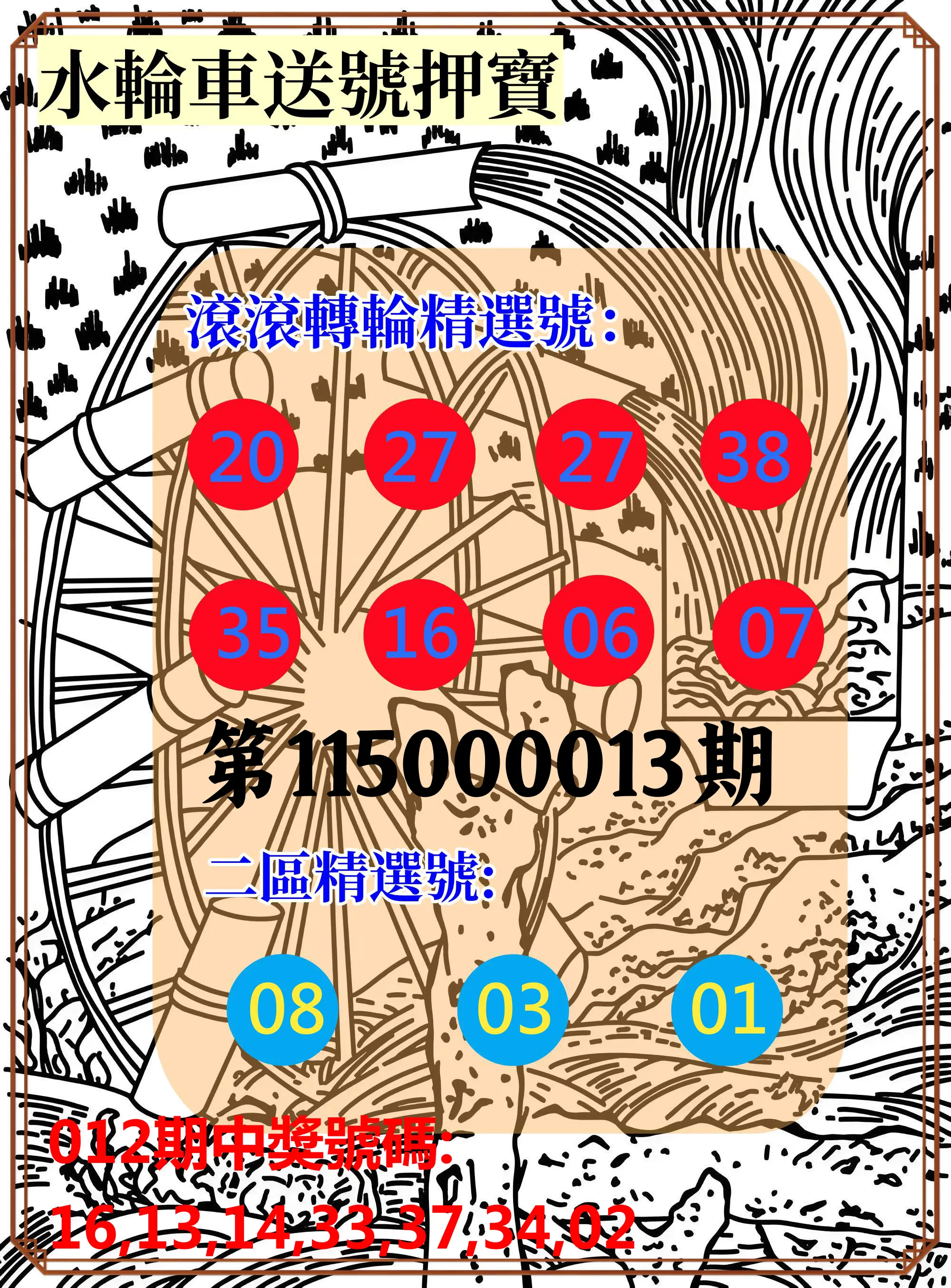 威力彩第115000013期(02/12)水輪車送號押寶