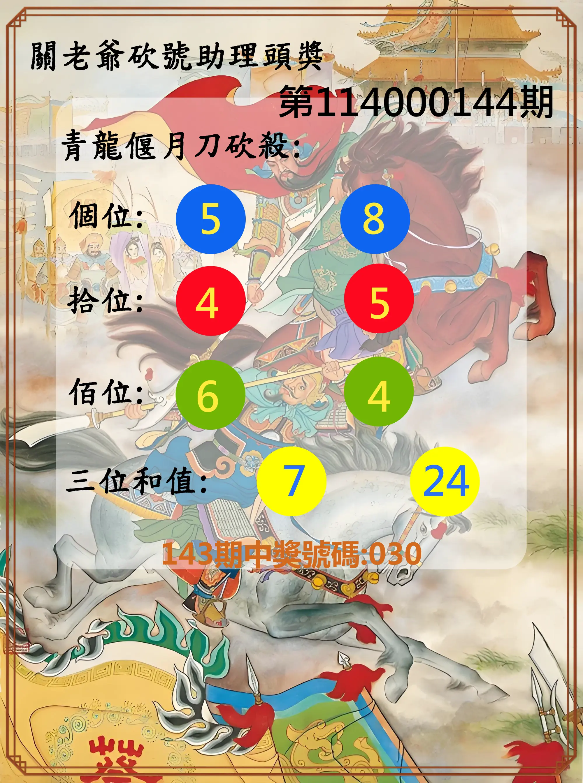 3星彩第114000144期關老爺砍號助理頭獎