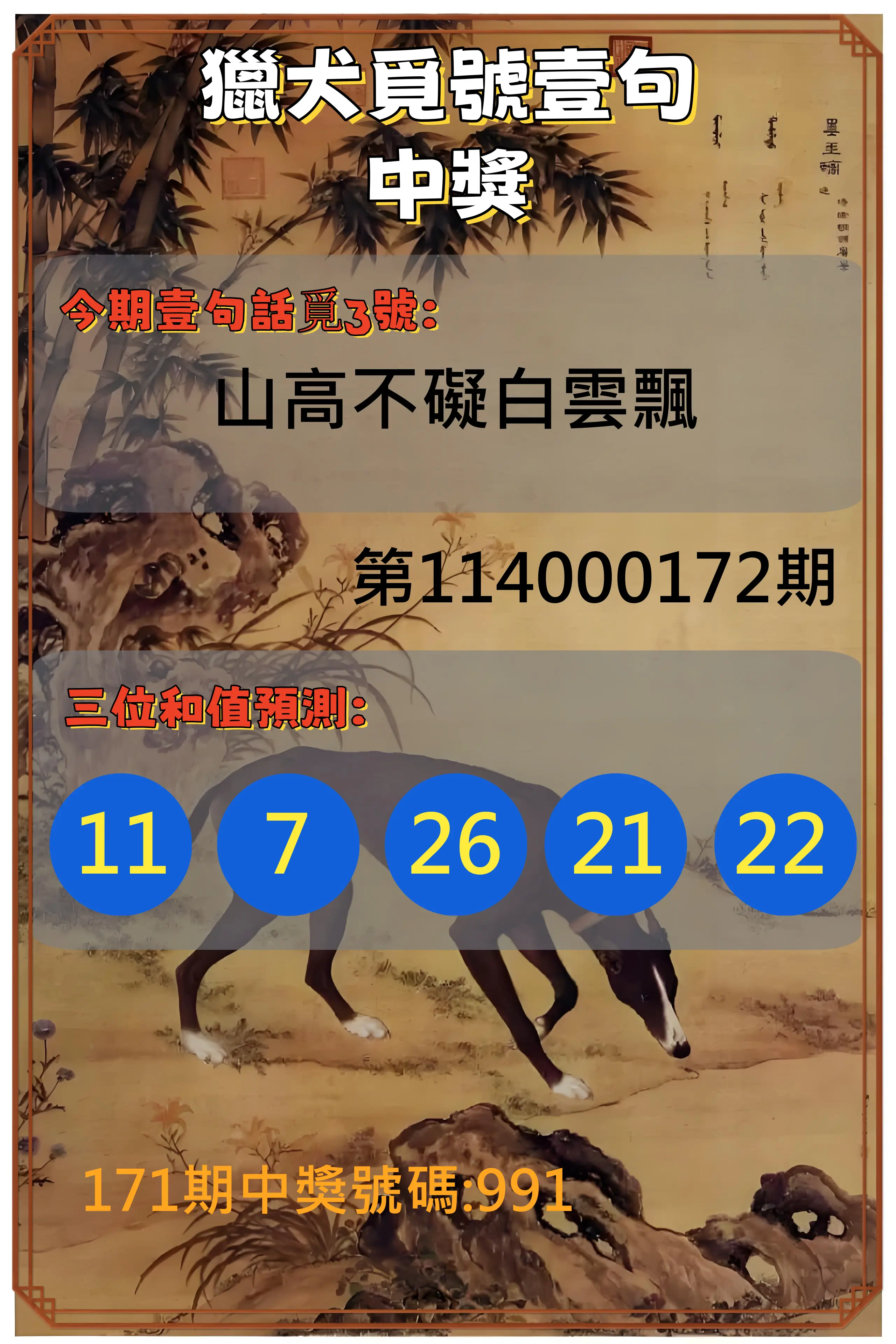 3星彩第114000172期(07/16)獵犬覓號壹句中獎