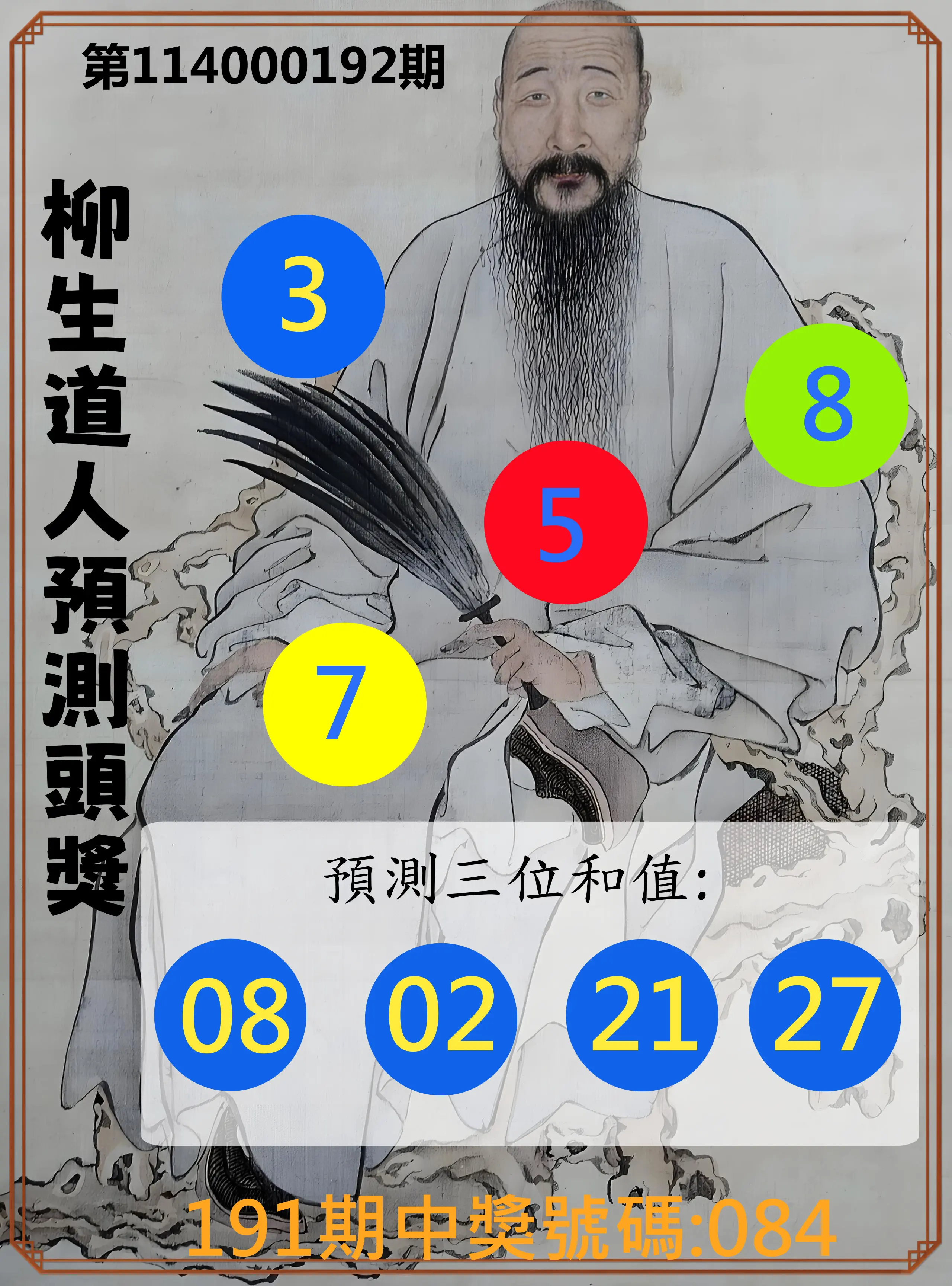 3星彩第114000192期(08/08)柳生道人預測頭獎